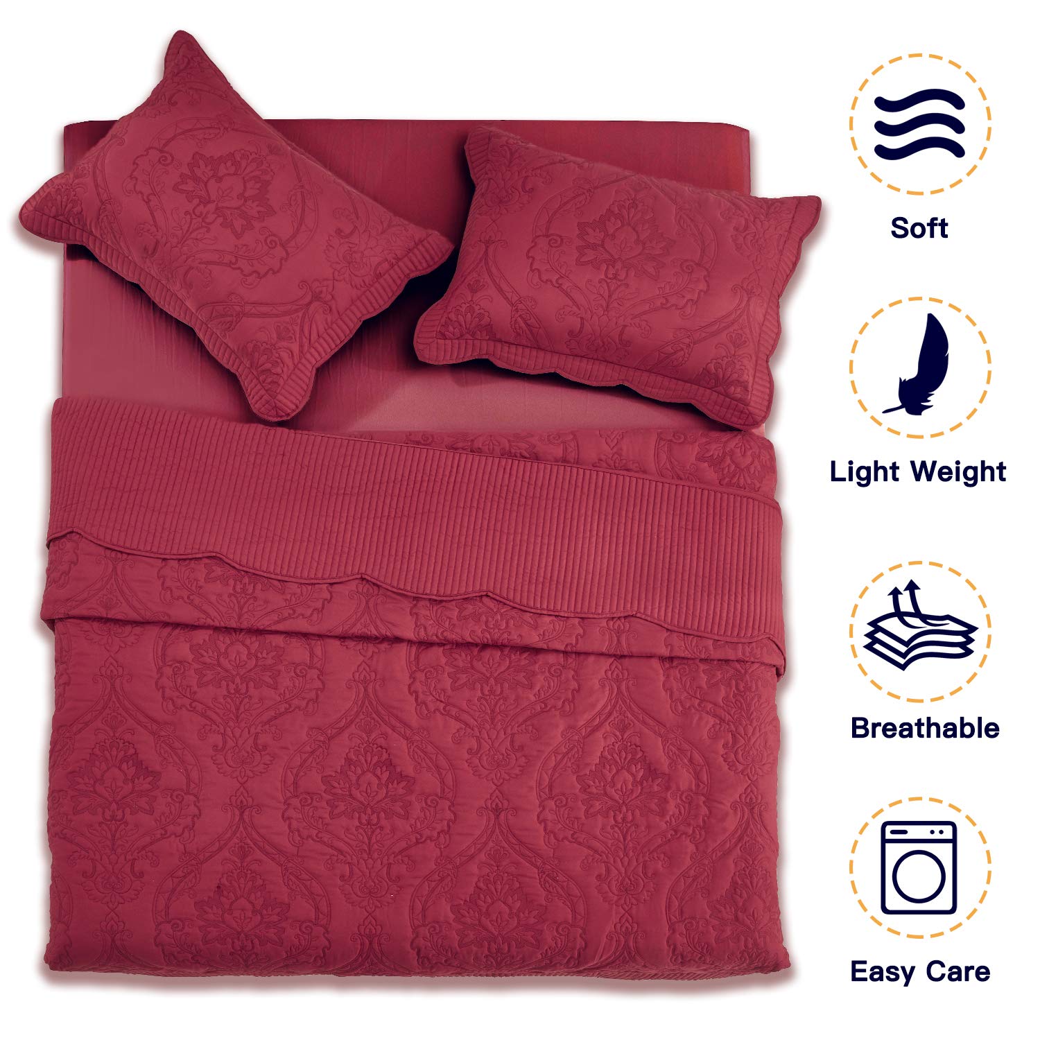 CHIXIN Full Size Lightweight Reversible Bedspread Coverlet Quilt Set - 4 Piece Bedding with Beautiful Stitching & Gorgeous Damask Paisley Pattern (Wine Red) - Perfect for Master Bedroom, Guest Room & Dorm Decor