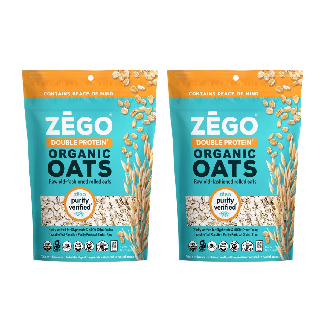ZEGO Organic Double Protein Raw Oats - Gluten Free, Glyphosate Free, Purity Protocol Certified - 14oz Bags (Pack of 2, 28oz Total) - Perfect for Smoothie Bowls, Baking & Healthy Breakfasts