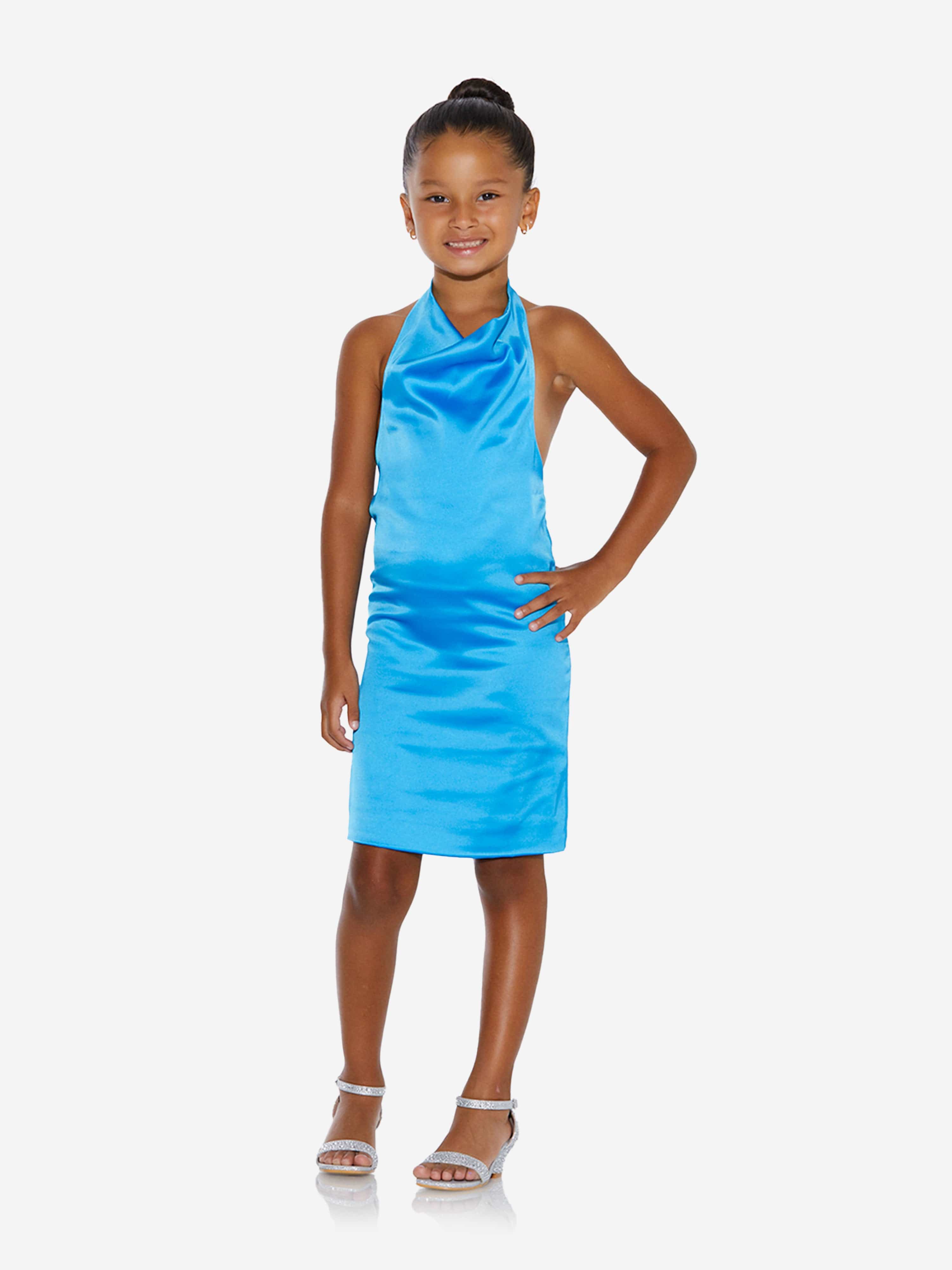 AY by AYLA Girls Backless Satin Midi Dress - Elegant Blue Formal Dress for Teens, Perfect for Prom, Homecoming, Parties & Special Occasions