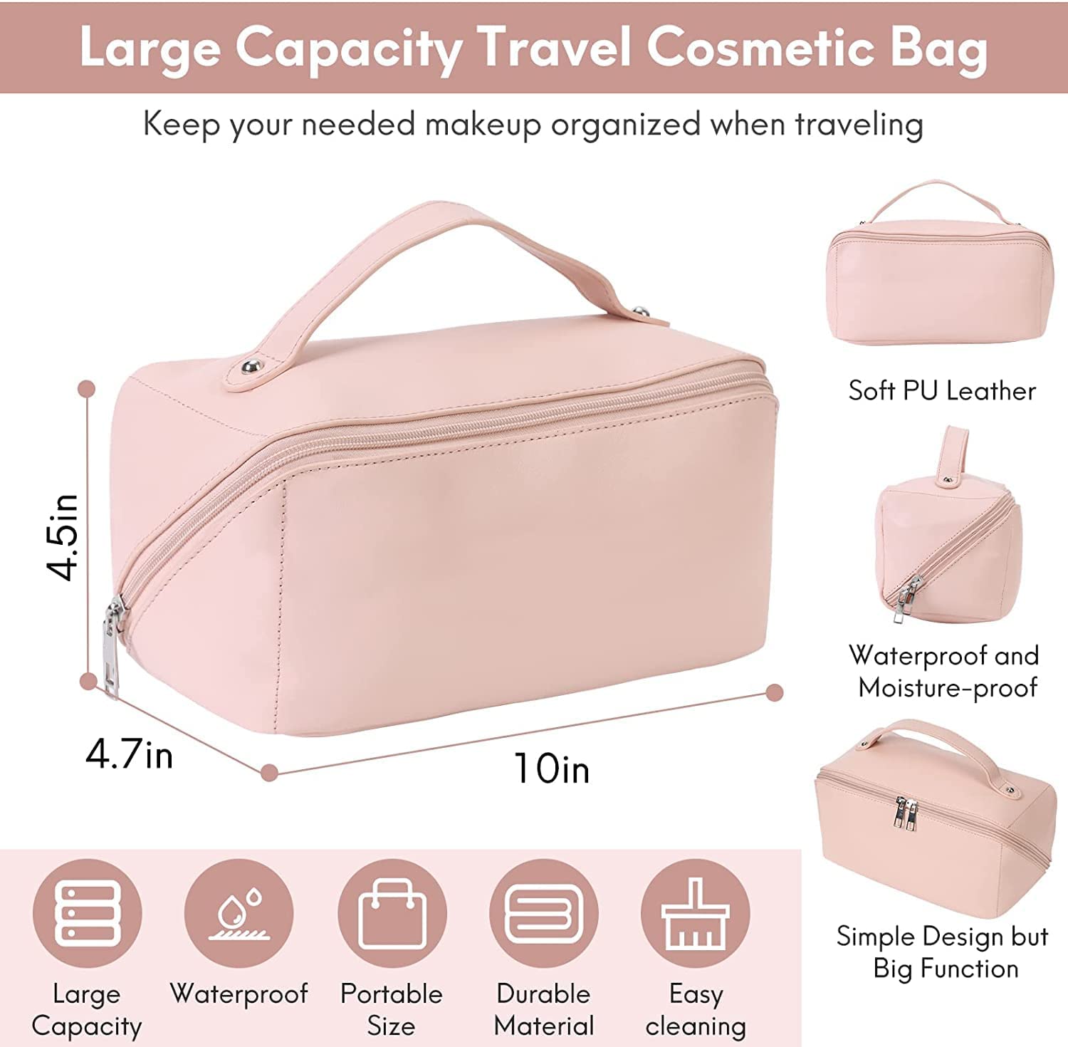 Large Capacity Waterproof PU Leather Travel Makeup Bag for Women - Pink Cosmetic Organizer with Multiple Compartments | Perfect for Vacation, Gym & Daily Use