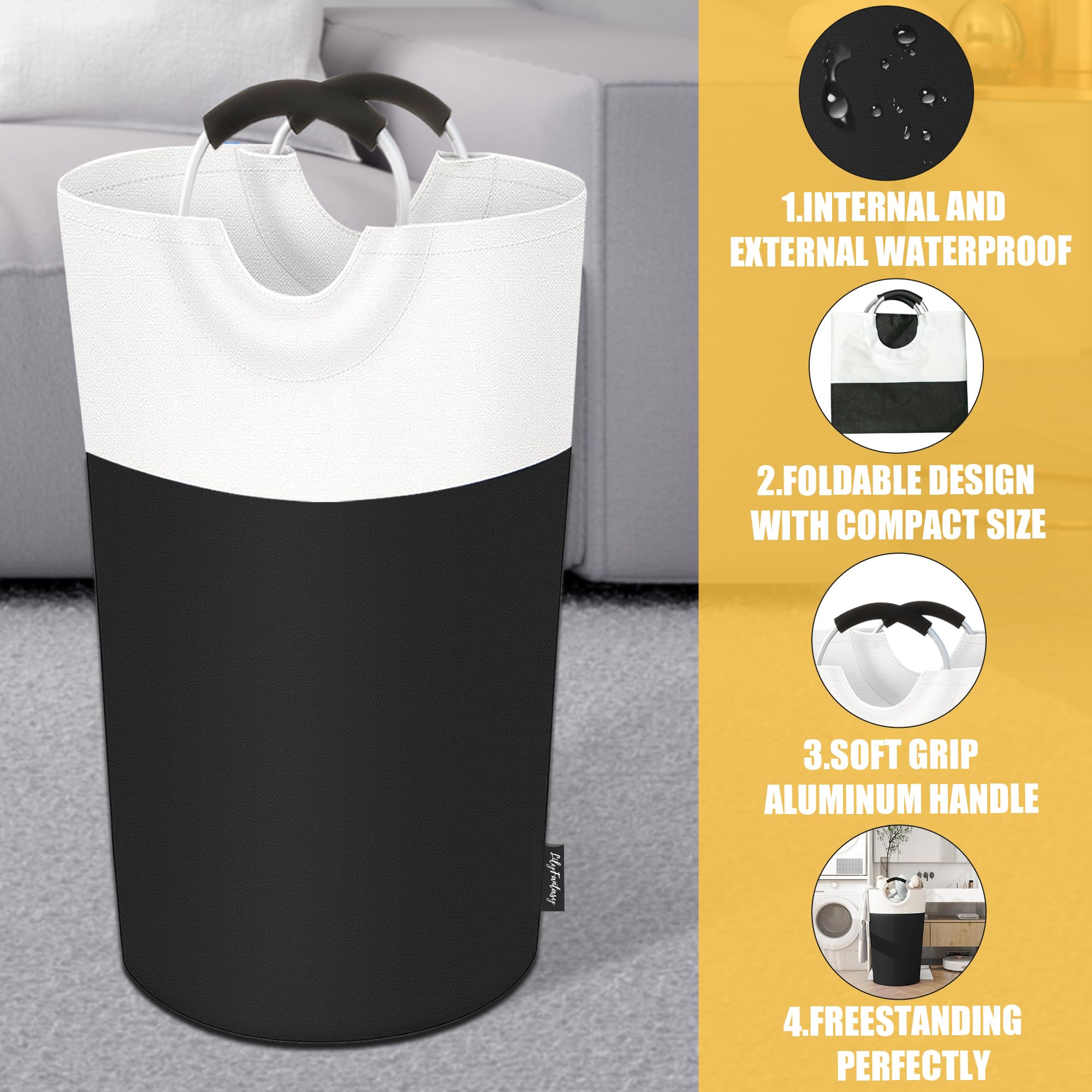 90L Collapsible Laundry Basket with Padded Handles - Waterproof Foldable Clothes Hamper for Home, Dorm & Travel - Tall Standing Laundry Organizer for Easy Storage (Black) - Perfect for Bedroom, Bathroom & Laundry Room Organization