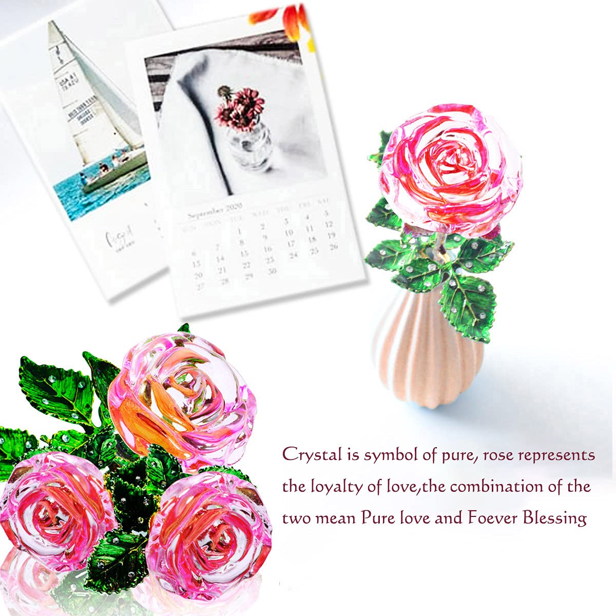 Eternal Pink Glass Rose Gift for Women - K9 Crystal Rose with Green Leaves & Wish Card - Unique Birthday, Christmas, Wedding, Valentine's Day Present - Perfect for Home Decor, Anniversary Surprise & Romantic Gestures