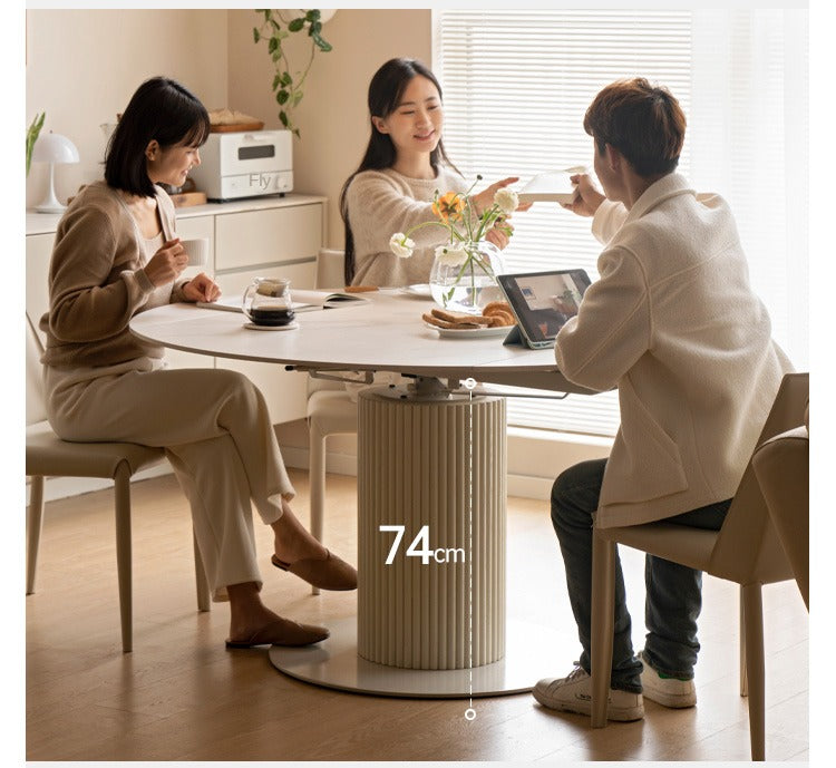 Solid Oak Wood Round Extendable Dining Table with Rock Plate Design - Cream Finish for Modern Dining Room & Kitchen Decor
