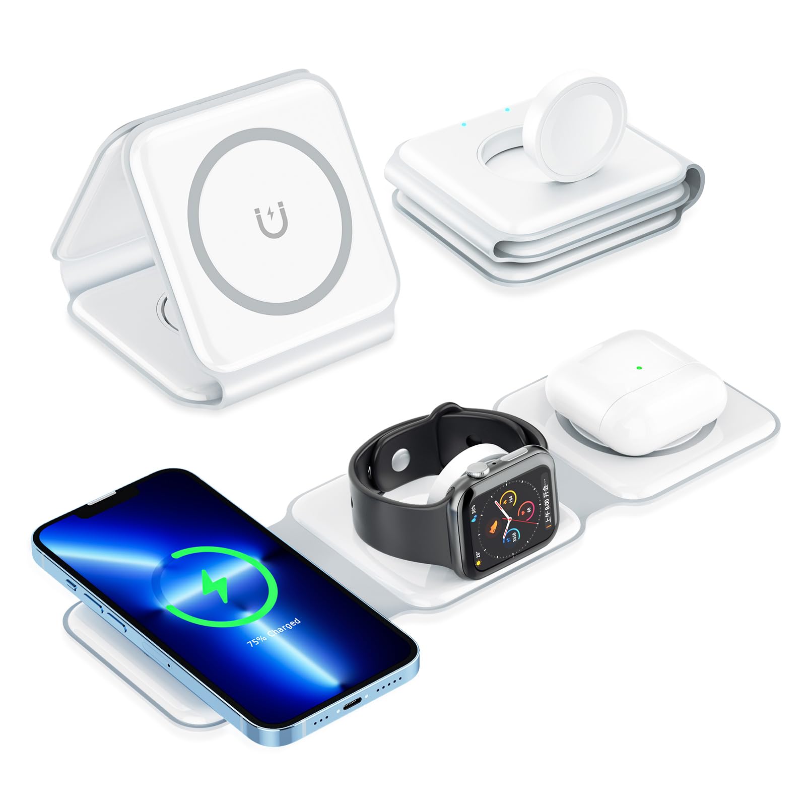 3-in-1 Magnetic Wireless Charging Station | Foldable Travel Charger for iPhone, AirPods 3/2/Pro & Apple Watch | Fast Qi-Certified Charging Pad | Perfect for Home, Office & Travel (White)