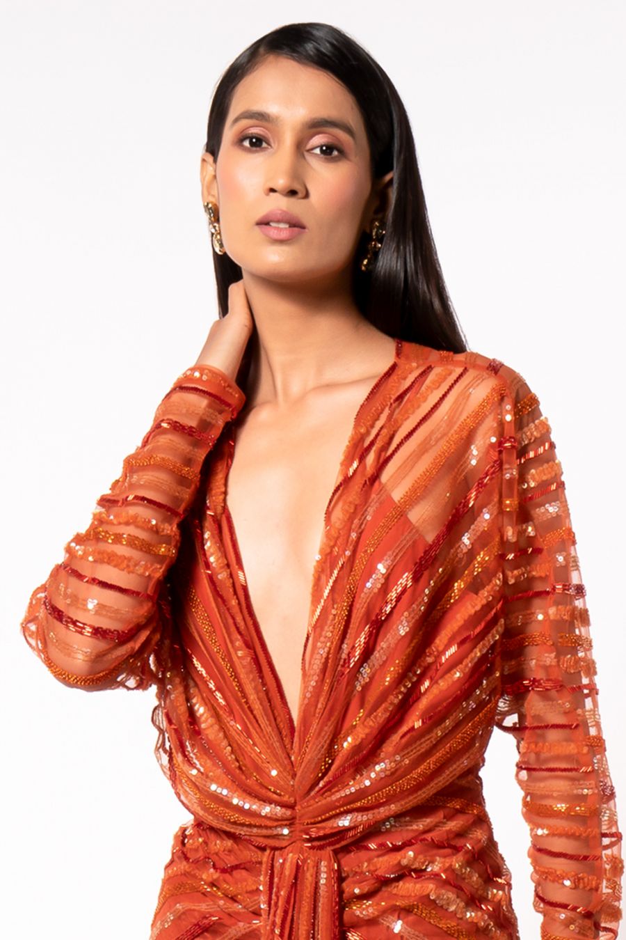 Elegant Tangerine Gown with Hand-Sewn Sequins - Perfect for Evening Parties, Prom Dresses & Special Occasions