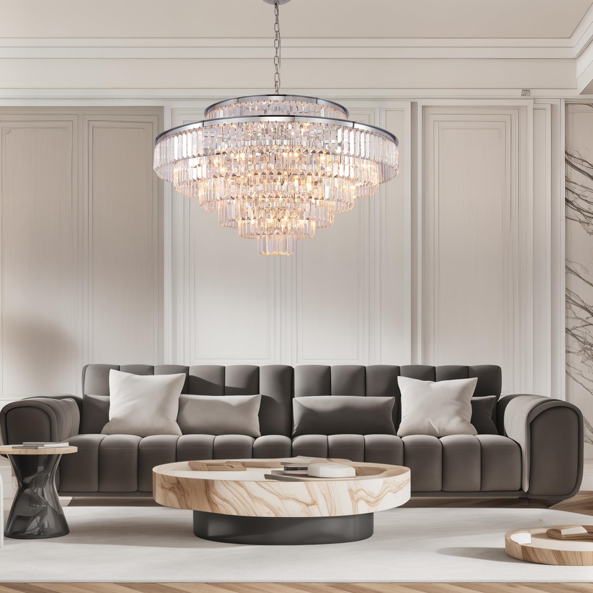 Large Chrome 7-Tier Crystal Chandelier - Modern Luxury Ceiling Pendant Light Fixture with 28 Lights (40