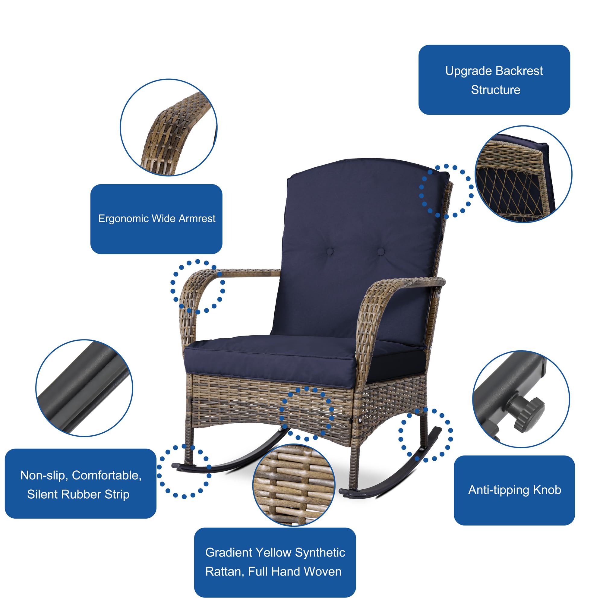 3-Piece Outdoor Patio Furniture Set with 2 Wicker Rocking Chairs, Glass Coffee Table & Cushions - Blue Bistro Conversation Set for Garden, Porch, Backyard | Perfect for Relaxing, Entertaining & Outdoor Dining