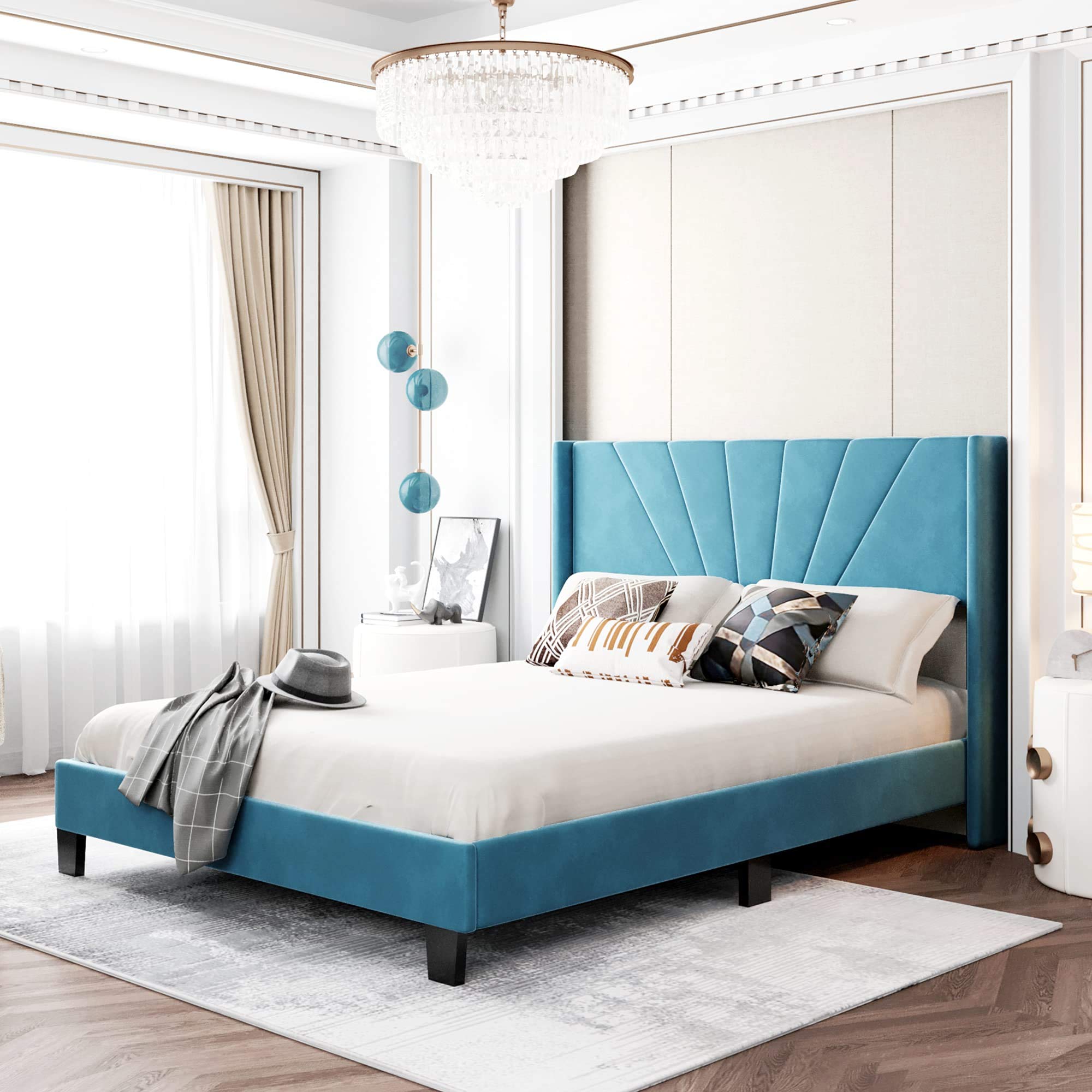 P PURLOVE Queen Size Velvet Upholstered Platform Bed Frame with Slat Kit - No Box Spring Needed, Blue Luxury Bed for Bedroom & Living Room | Modern Home Decor, Guest Room & Master Bedroom Furniture