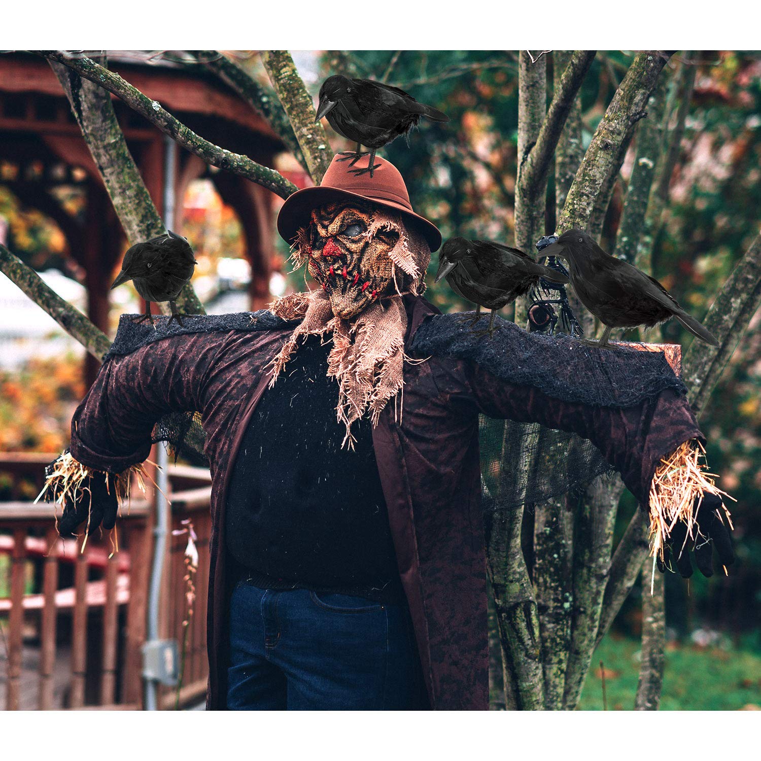 4 Pack Halloween Black Crows Decor - Realistic Fake Ravens for Spooky Halloween Party Decorations, Haunted House Props, and Outdoor Yard Scarecrow Displays