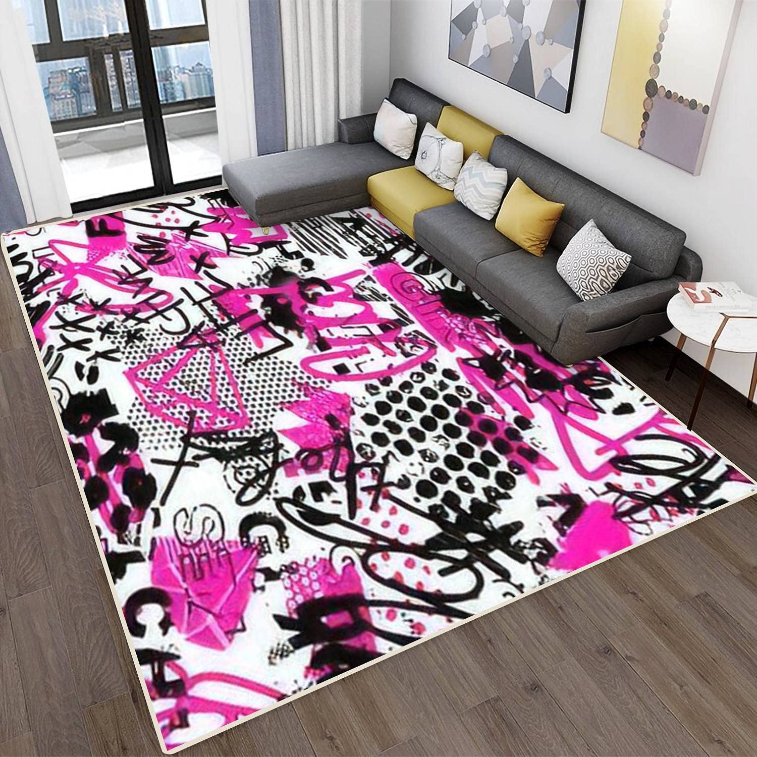 Modern Abstract Area Rugs - Stain Resistant Non-Slip Carpet for Living Room, Bedroom, Kitchen & Bathroom - Urban Graffiti Pattern Rectangular Home Decor Mat - Perfect for Contemporary Spaces & High Traffic Areas