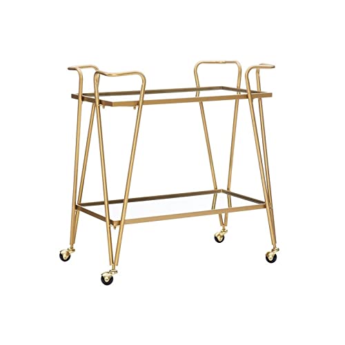 Vintage Style Linon Rosa Gold Mid-Century Bar Cart - Rolling Serving Cart with Glass Shelf for Home Bar, Kitchen, or Party Use