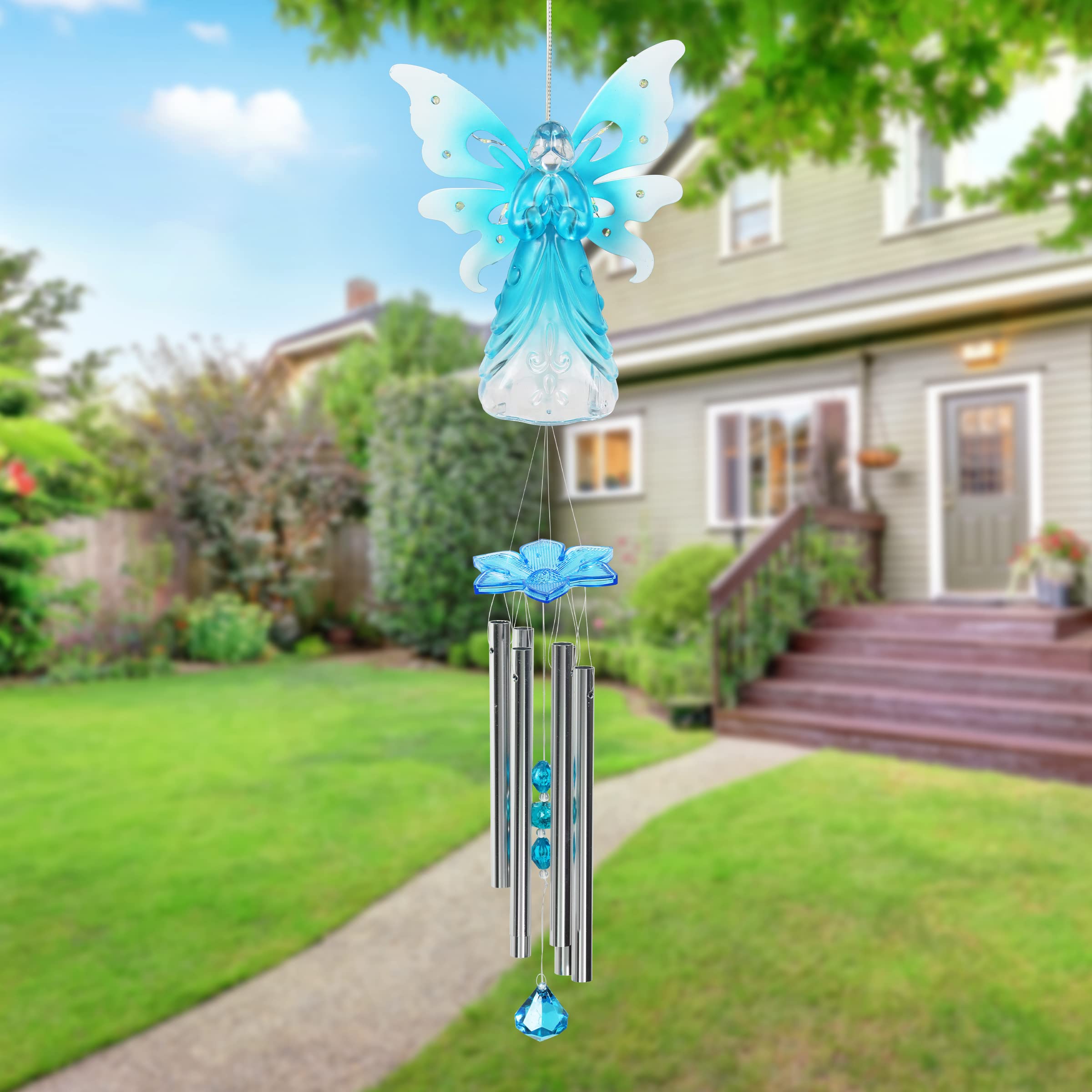 Exhart Solar-Powered Angel Wind Chime with LED Firefly Lights - Blue Acrylic Metal Wings for Outdoor Lawn & Yard Decoration (6.5 x 4 x 42 Inch) - Perfect for Garden, Patio, Porch & Backyard Ambiance