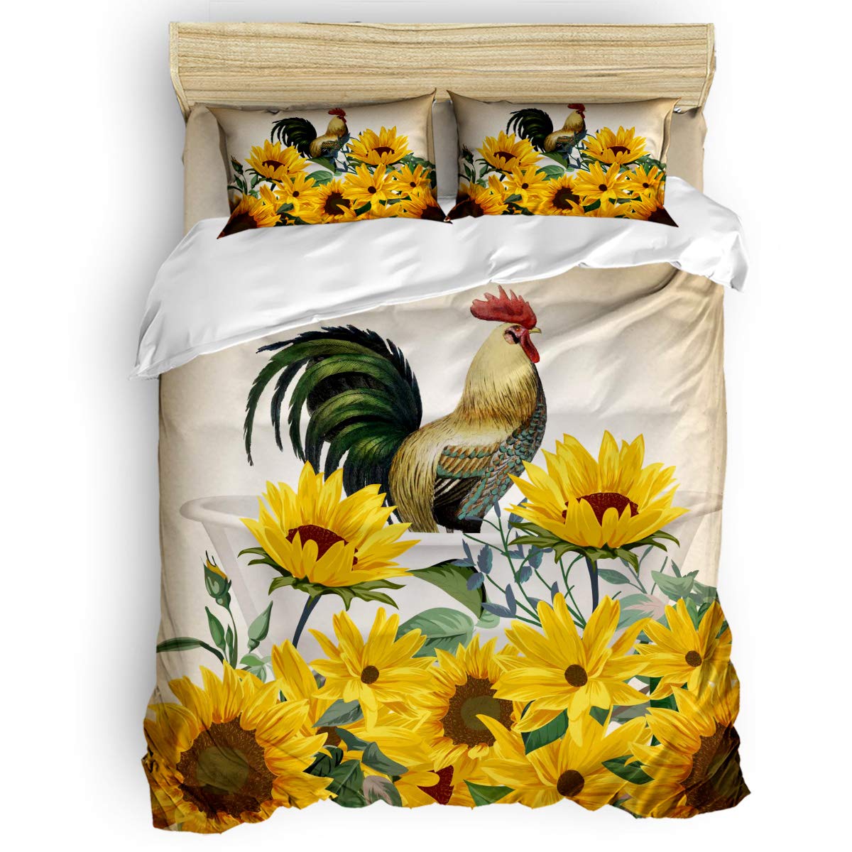 Yogaly Home 4-Piece King Size Bedding Set - Farm Rooster in Bathtub Sunflower Print - Duvet Cover, Flat Sheet, Pillow Covers - Soft Cotton for Adults, Teens, Kids & Nursery - Perfect for Farmhouse, Country or Vintage Style Bedrooms