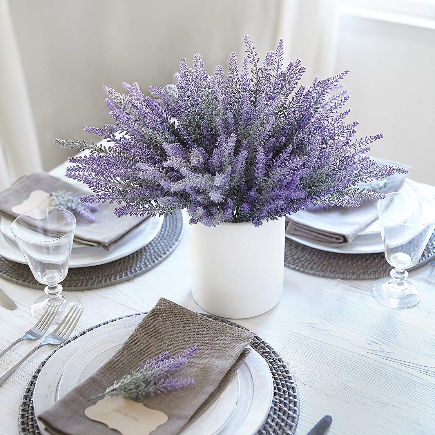 8 Bundles Artificial Lavender Flowers - Flocked Plastic Fake Plants for Wedding Bouquet, Bridal Decor, Home, Kitchen & Office - Indoor & Outdoor Use (Purple, 8pcs) - Perfect for Centerpieces, Table Settings & Party Decorations