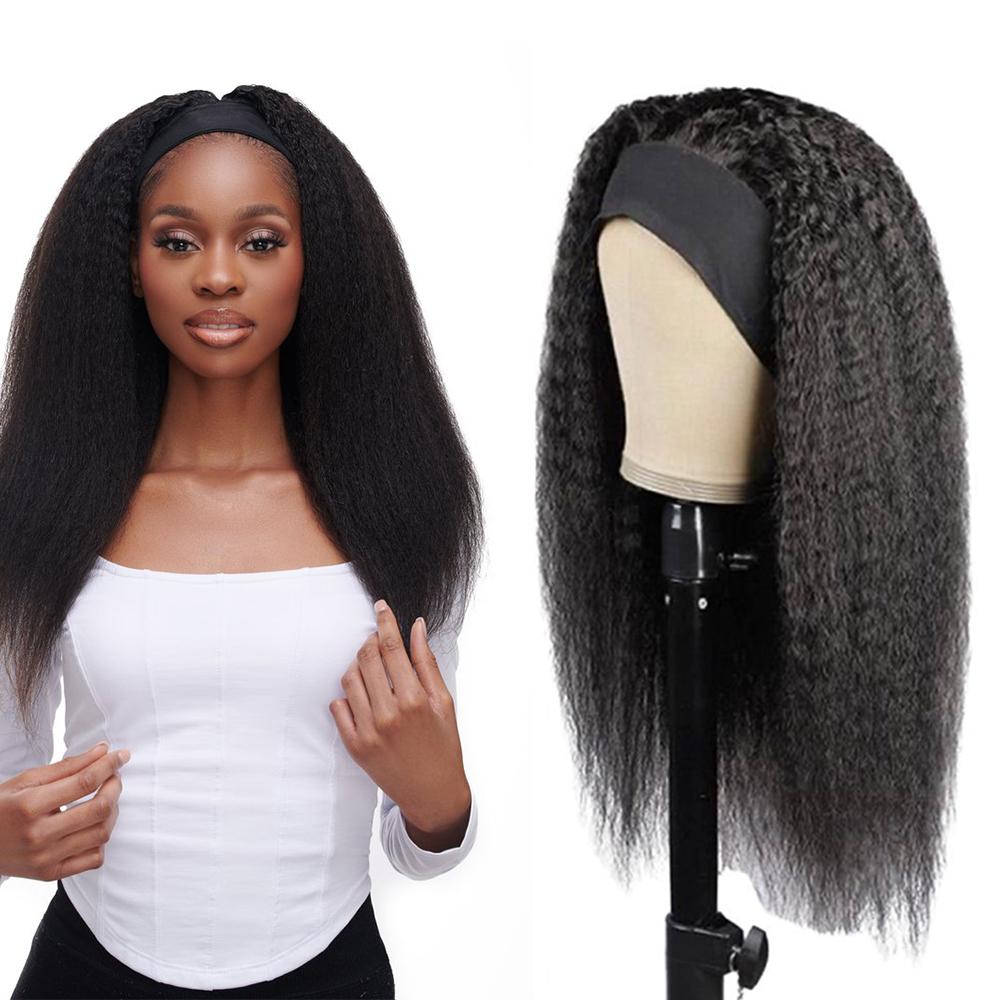 Kinky Straight Glueless Headband Wig - Natural Black 180% Density Human Hair - Perfect for Daily Wear, Cosplay & Protective Styling