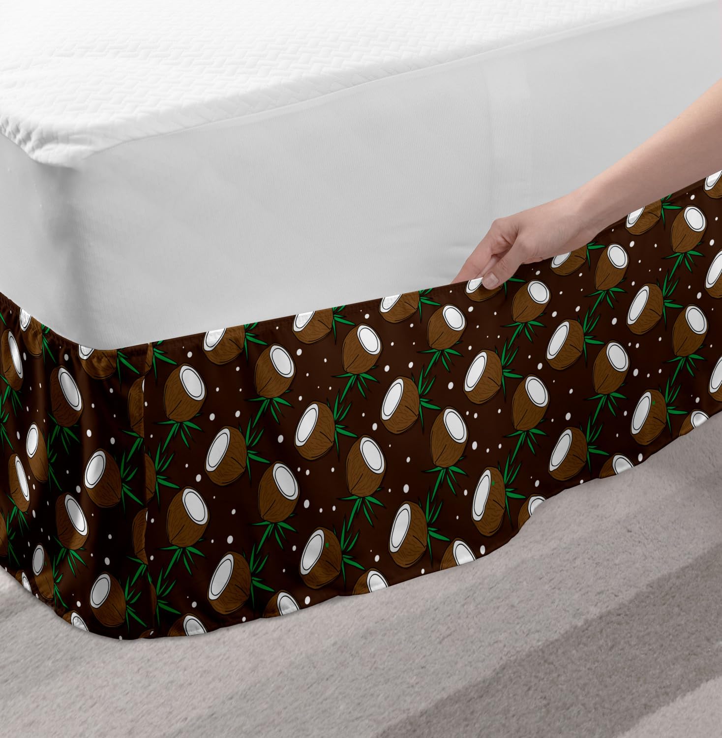 Ambesonne Chocolate Brown Bed Skirt - Tropical Coconut & Dot Pattern Elastic Dust Ruffle Wrap Around for Twin/Twin XL Beds - Perfect for Beach House & Boho Bedroom Decor