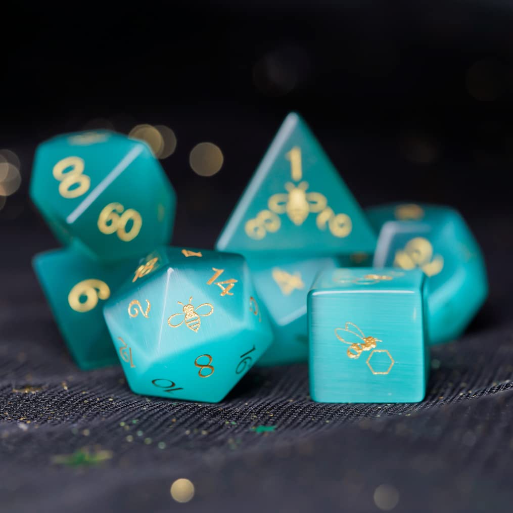 LANGWEI D&D Dice Set - Green Opal Polyhedral Dice with Bee Design for Dungeons & Dragons, Pathfinder, TRPG Tabletop RPG Games | Perfect for D&D Campaigns, Gift for Gamers & Collectors