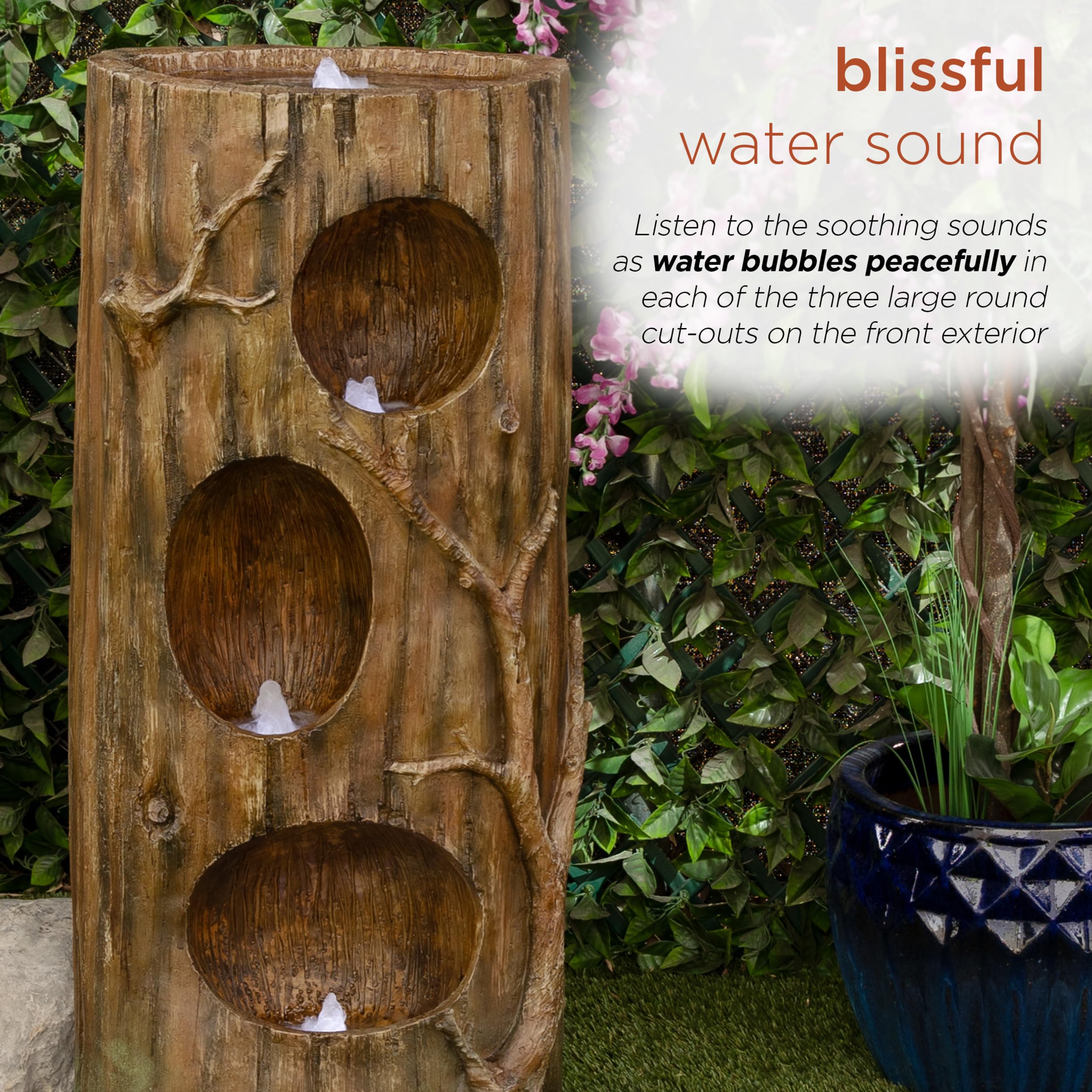 Alpine Corporation 4-Tier Tree Trunk Water Fountain with LED Lights - Outdoor Garden Decor, Patio Waterfall Feature for Relaxing Backyard Ambience