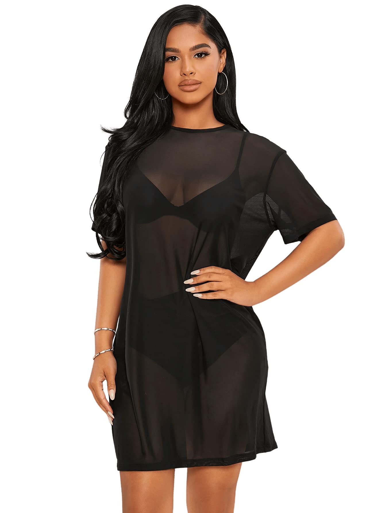 SweatyRocks Women's Sheer Mesh Tunic Dress - Short Sleeve See Through Cover Up for Beach, Pool Party & Summer Outfits