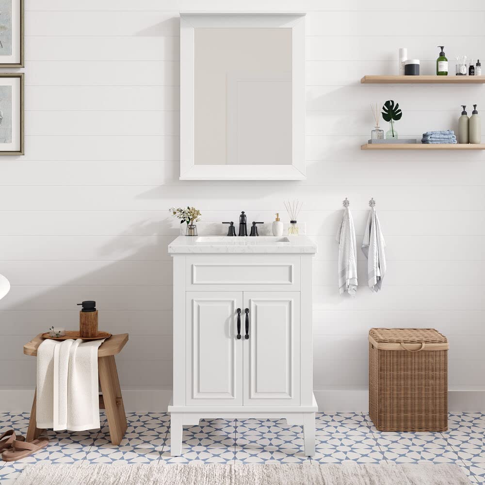 Hanover Lanesboro 24'' White Bathroom Vanity Set with Sink, Mirror & Stone Countertop - Pre-Assembled 2-Door Cabinet for Powder Room or Master Bath | HANVN0105-24-0WH | Perfect for Small Bathrooms & Guest Suites