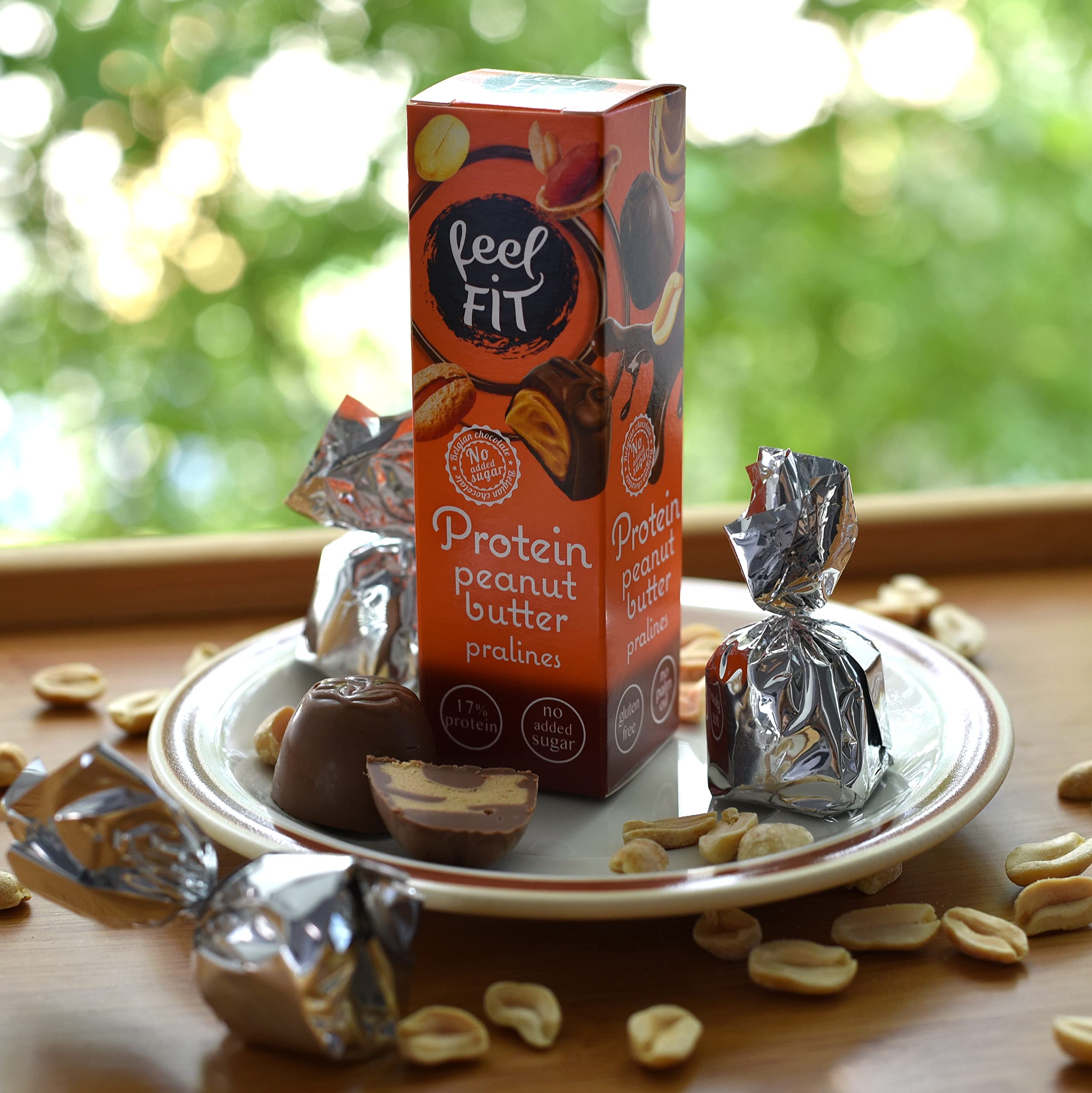 Feel FIT Protein Peanut Butter with Belgian Milk Chocolate Pralines - Sugar Free, Gluten Free, High Protein Snack (12 x 33g) | Perfect for Fitness, Keto Diet & Healthy On-the-Go Nutrition