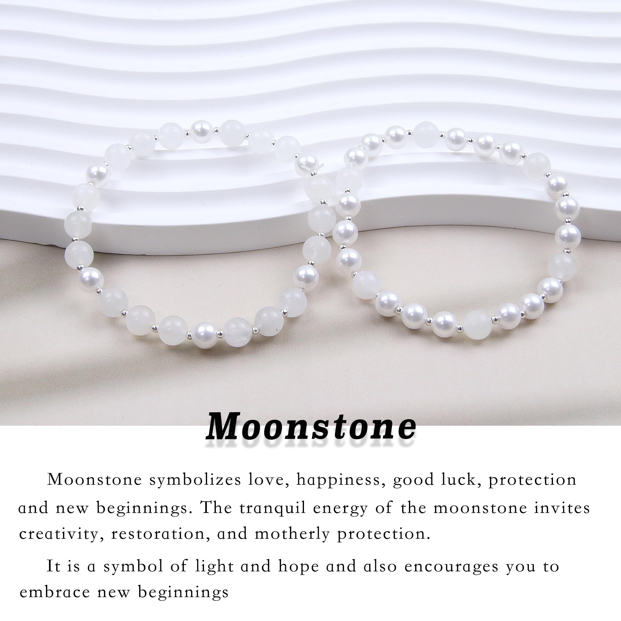 Moonstone Beaded Bracelet for Women - Best Friend Sister Bracelet Set of 2 - Pearl Friendship Bracelets for Mother Daughter - Elegant Beaded Jewelry Gift for Her | Perfect for Anniversaries, Birthdays & Special Occasions