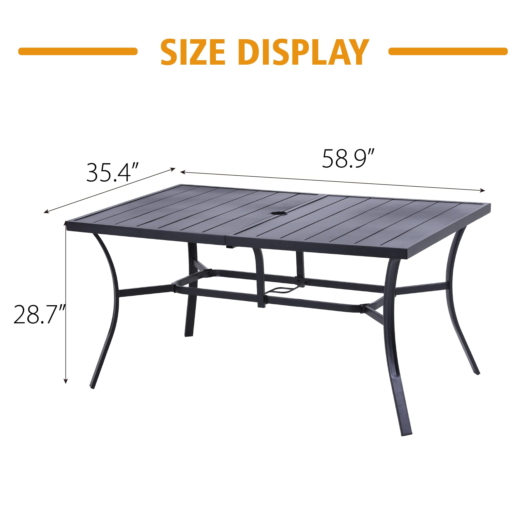6-Person Outdoor Patio Dining Table - Metal Steel Slat Rectangle Table with Umbrella Hole for Garden, Backyard, Porch & Poolside | Durable Weather-Resistant Design for Al Fresco Meals & Entertaining
