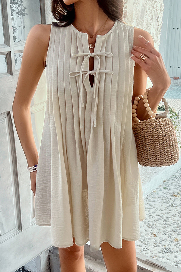 Solid Color Sleeveless Tie Pleated Casual Mini Dress for Women - Summer Beach Party, Date Night & Vacation Outfit