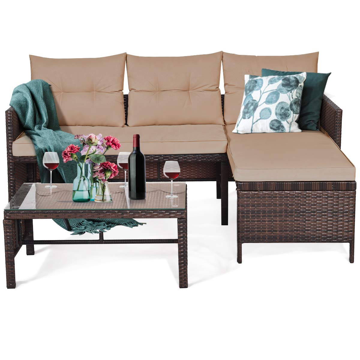 HAPPYGRILL 3-Piece Outdoor Rattan Sectional Sofa Set with Steel Frame & Cushions - Waterproof Wicker Patio Furniture for Garden, Poolside, Backyard, Lawn - Perfect for Relaxing, Entertaining & Outdoor Lounging