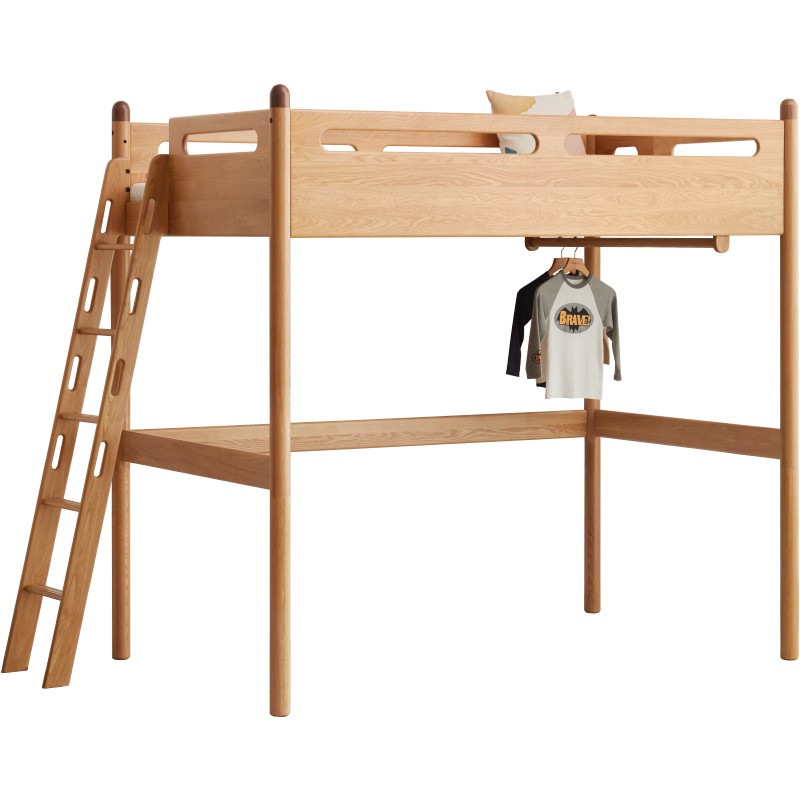 Solid Oak Wood Loft Bed with Storage Cabinet - Space-Saving Furniture for Small Rooms, Kids Bedroom & Dormitory