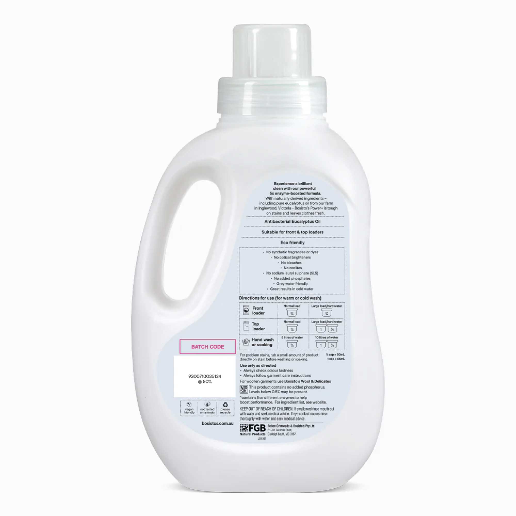 1.2L Power Plus Laundry Liquid Detergent - Bosistos Eucalyptus Plant-Based Formula for Sensitive Skin | Gentle on Fabrics | Ideal for Baby Clothes, Delicates & Allergy Sufferers | Eco-Friendly Washing Solution