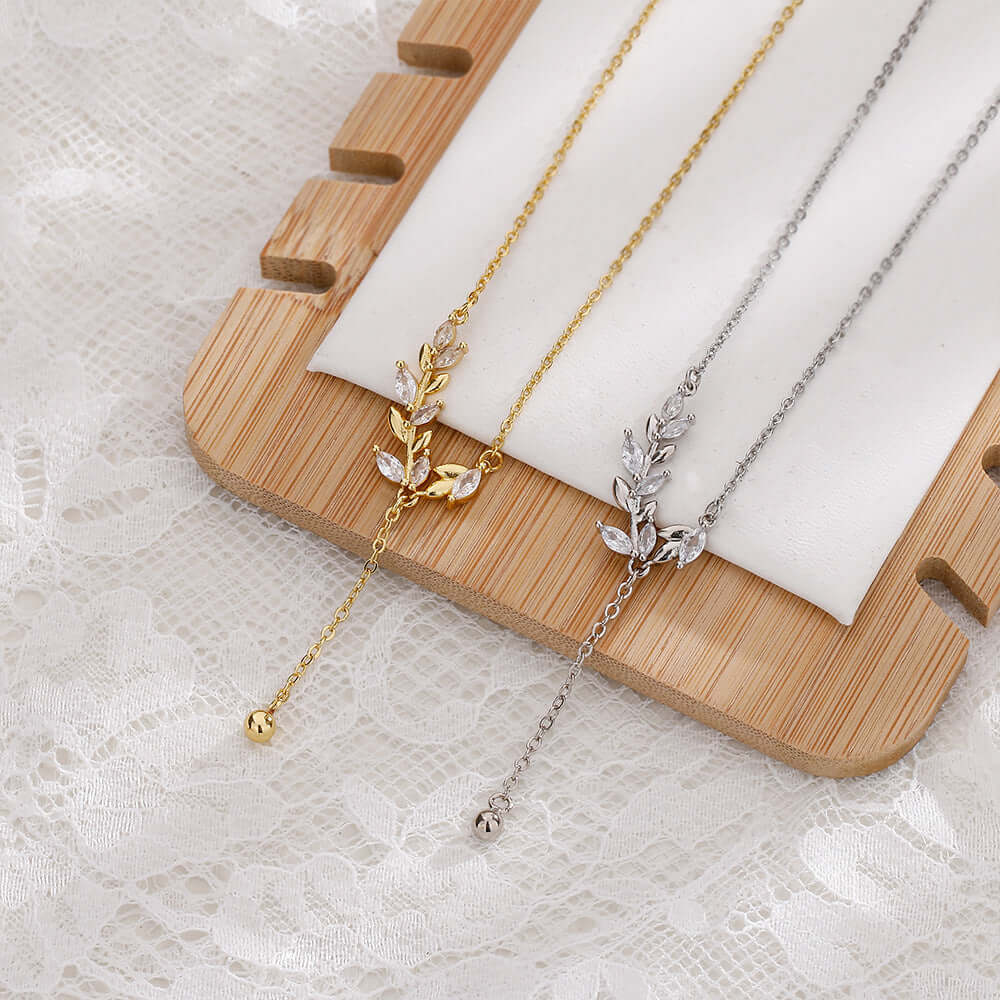 Marquise Olive Branch Leaf Y Necklace - Elegant Sterling Silver Pendant for Women | Perfect for Weddings, Anniversaries & Everyday Wear | R8236