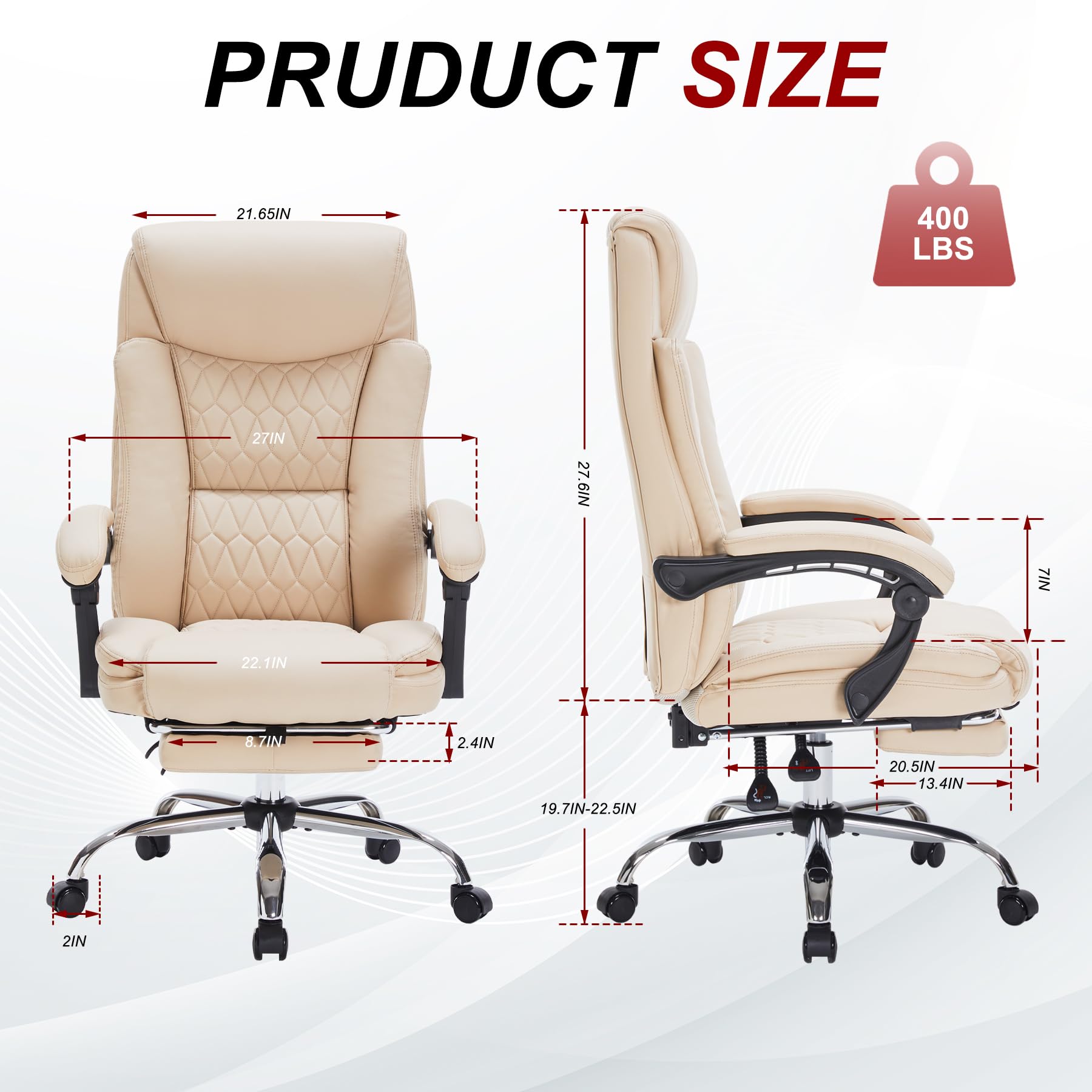 400lbs Heavy Duty Executive Office Chair with Footrest - Big & Tall Ergonomic Reclining Chair for Home Office - Comfortable Desk Chair for Heavy People (Khaki) - Perfect for Long Work Hours & Back Support