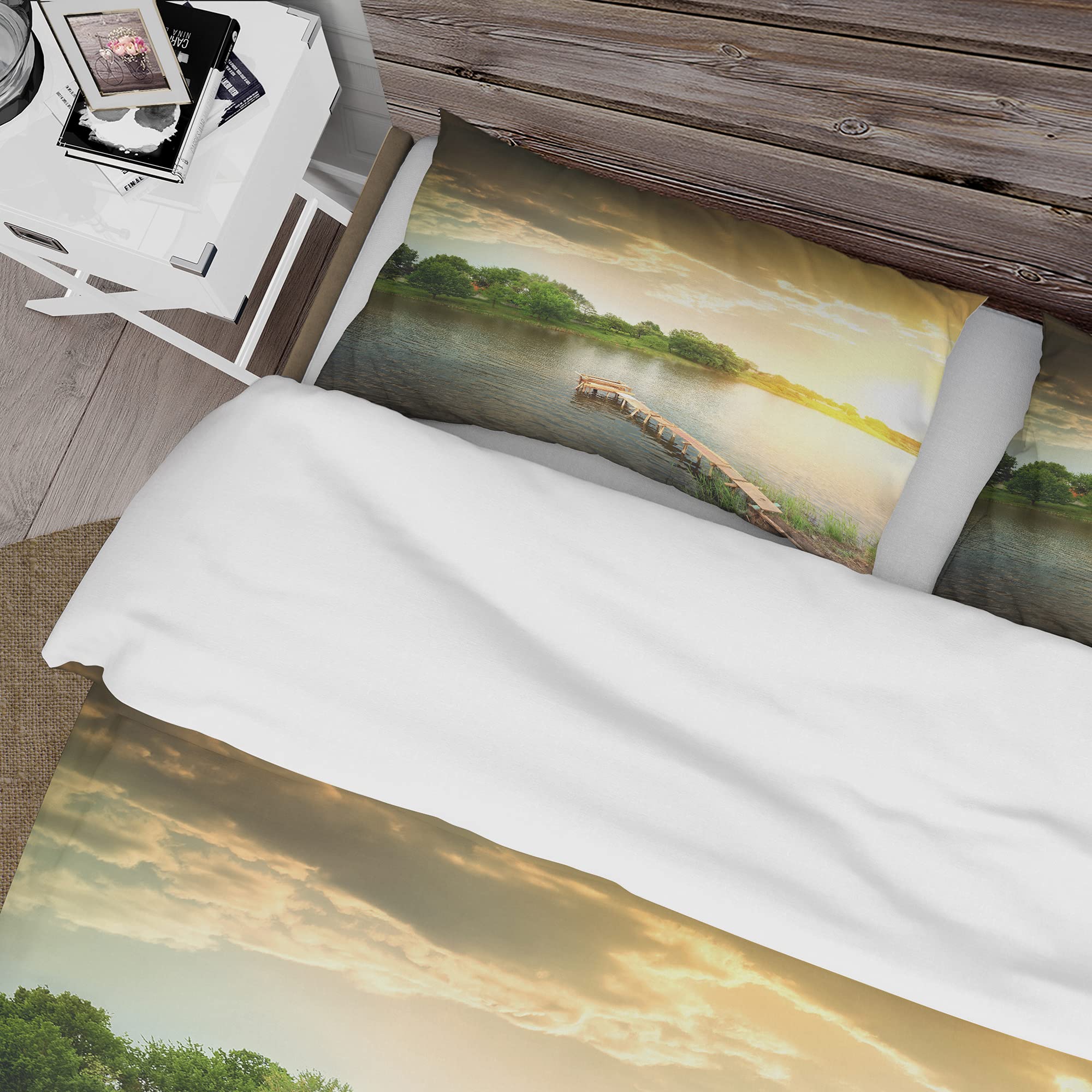 DesignQ Lake House Duvet Cover Set Queen - Green Landscape Bedding 3-Piece Set for All Seasons | Cozy Lakeside Retreat Bedroom Decor for Vacation Homes & Cabin Getaways