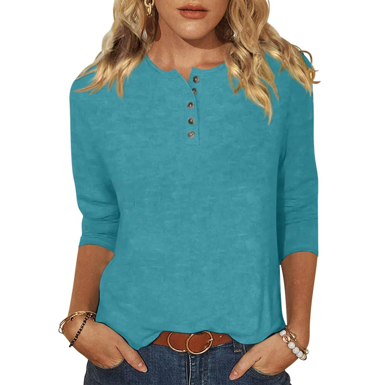 Trendy Women's 3/4 Sleeve Blouses 2024 - Solid Color Casual Summer Tops & Comfortable Tunic Tees for Work, Date Night & Everyday Wear