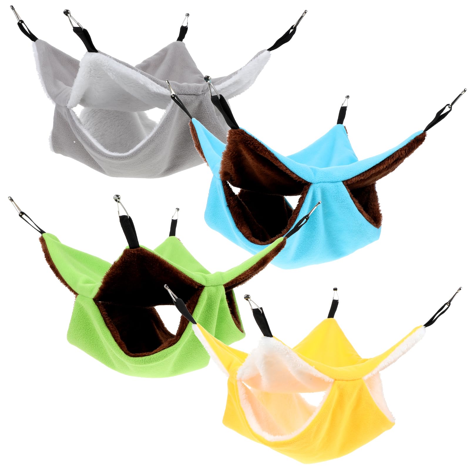 4 Pack Small Animal Hammock for Rats, Ferrets, Guinea Pigs, Squirrels & Chinchillas - Double Layer Hanging Cage Bed for Playing & Sleeping (Green, Blue, Gray, Yellow) - Perfect for Small Pet Cages, Play Areas & Cozy Napping Spots