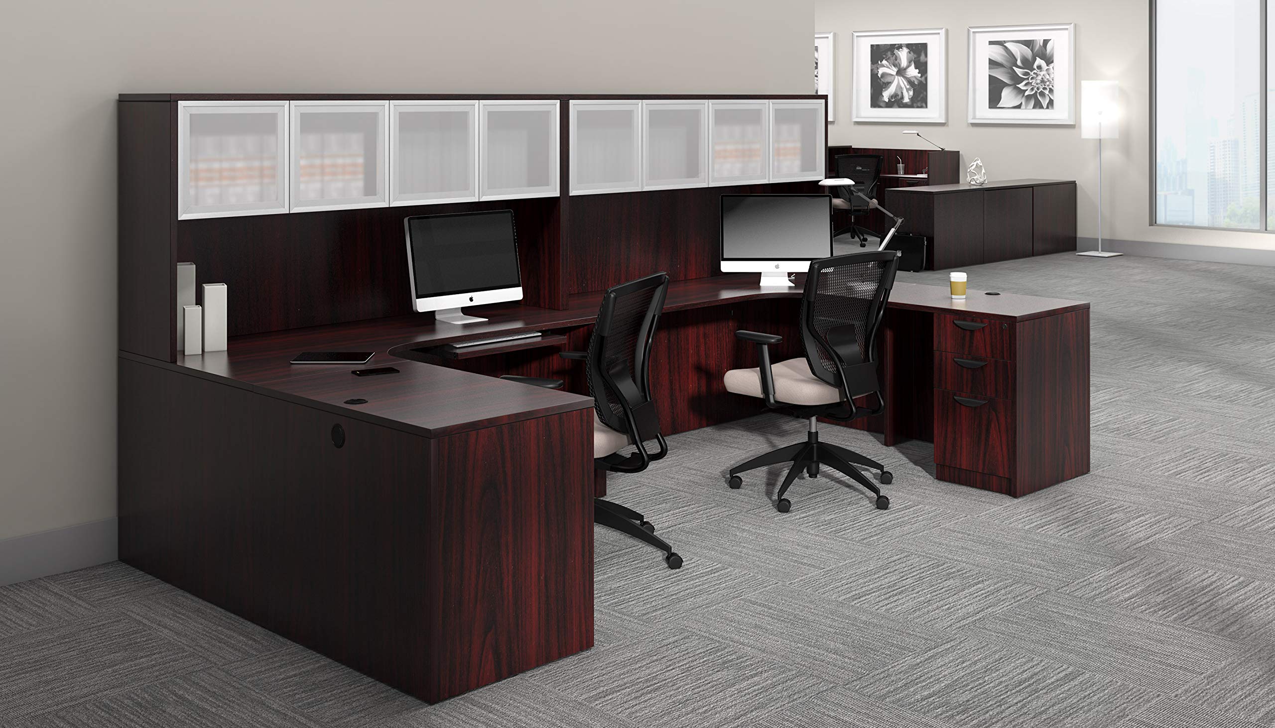 GOF Double 2 Person Workstation Cubicle (12'D x 7'W) - Office Partition & Room Divider with Mahogany Desk | Perfect for Shared Workspaces, Home Offices & Office Privacy Solutions