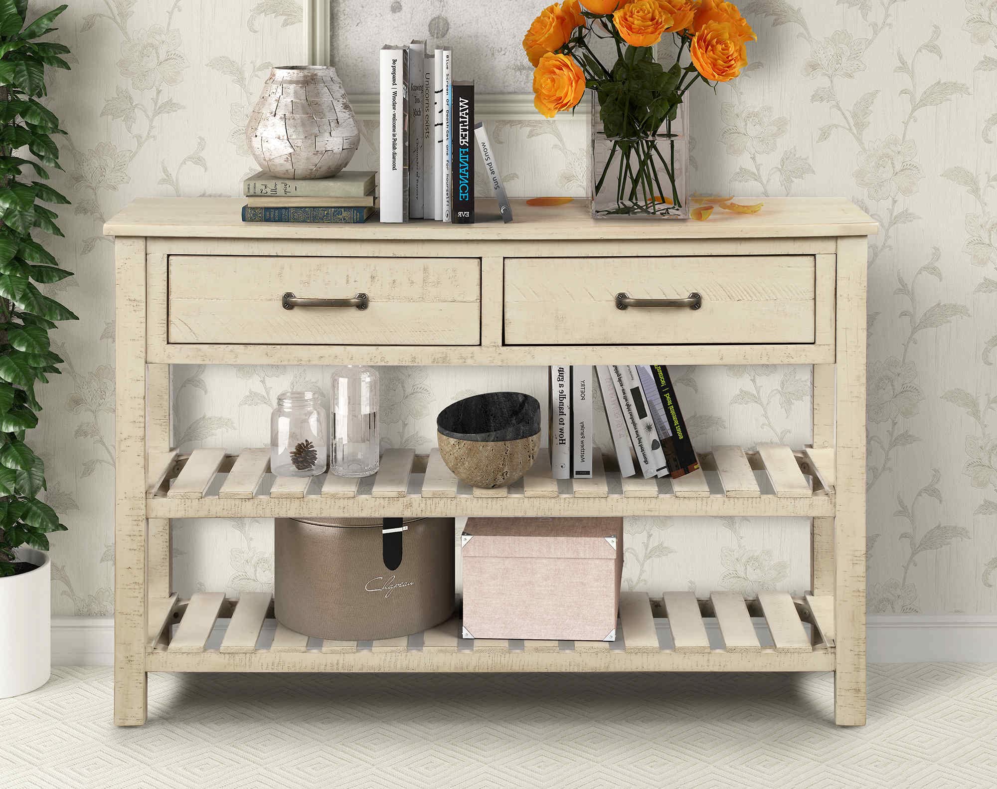 Rockjame 2-Tier Console Table with Drawers - Modern Sofa Table for Entryway, Hallway, Living Room & Bathroom - Gray Wooden Storage Shelf - Perfect for Small Spaces & Home Decor