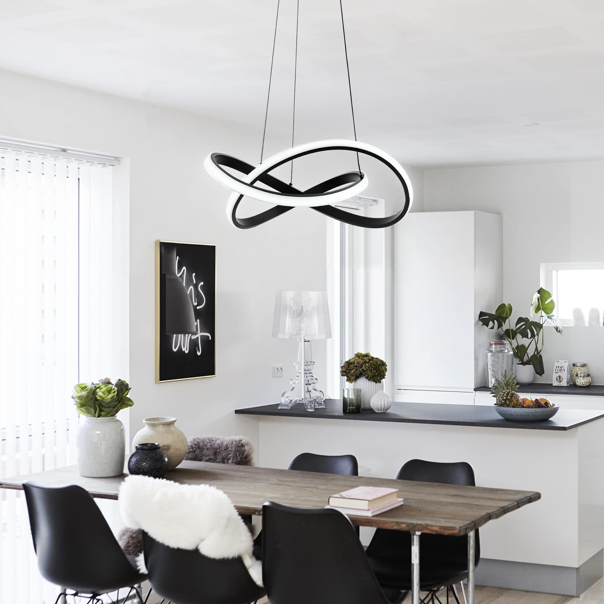 MAYNA Modern LED Pendant Light Fixture - Contemporary Adjustable Chandelier with Irregular Ring Lights, 6000K Daylight White - Perfect for Dining Room, Kitchen, Entryway, Living Room & Bedroom Lighting