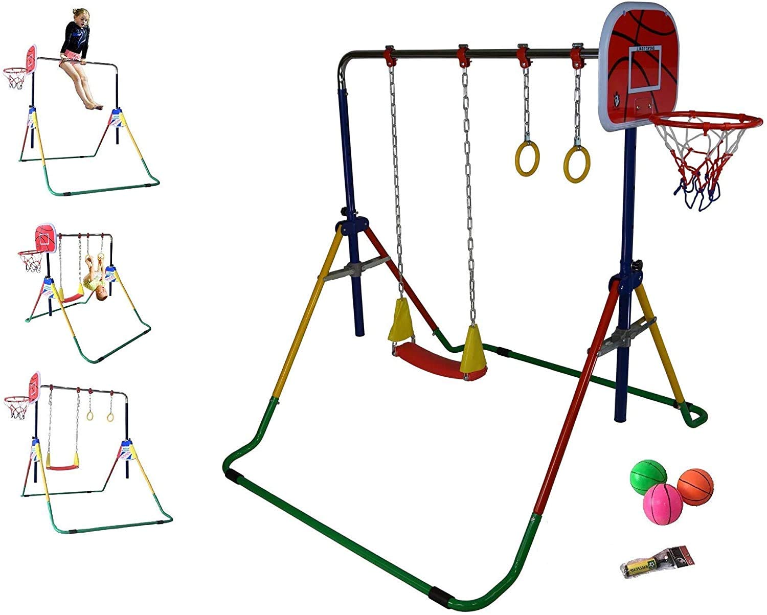 4-in-1 Kids Jungle Gym Set - Adjustable Monkey Bars, Swing Set, Trapeze Rings & Basketball Net - Foldable Horizontal Gymnastics Playground Equipment for Backyard, Indoor & Outdoor Kids Activities