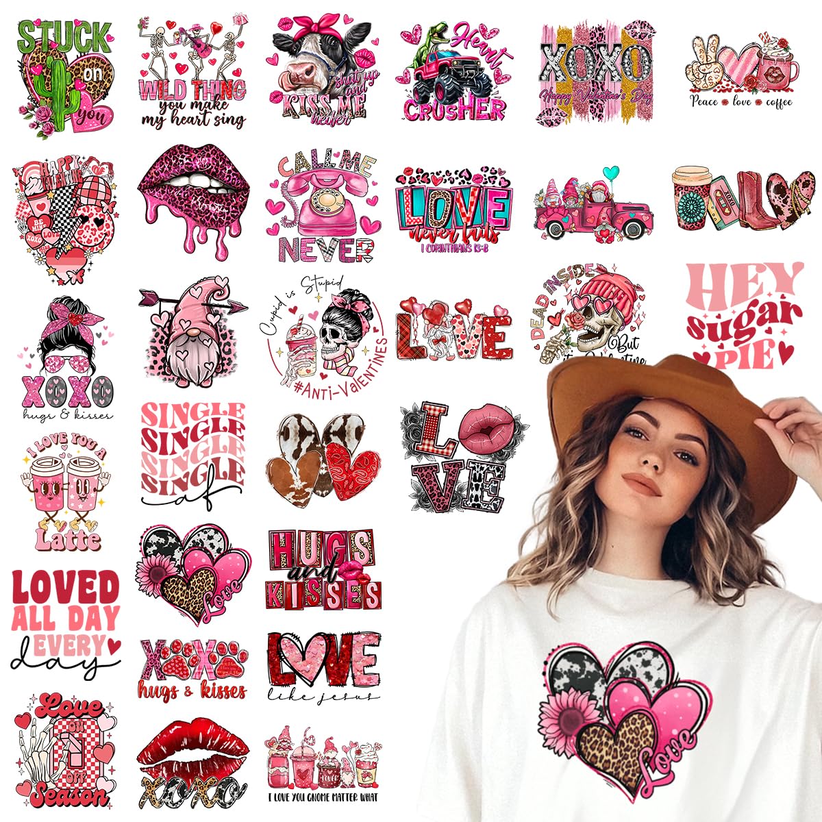 Kaciola Valentine's Day Iron On Transfers - 30 Sheets DTF Heat Transfer Stickers for T-Shirts & Hoodies | Pink Heart Decals for DIY Crafts & Apparel | Perfect for Valentine's Gifts, Couple Outfits & DIY Projects
