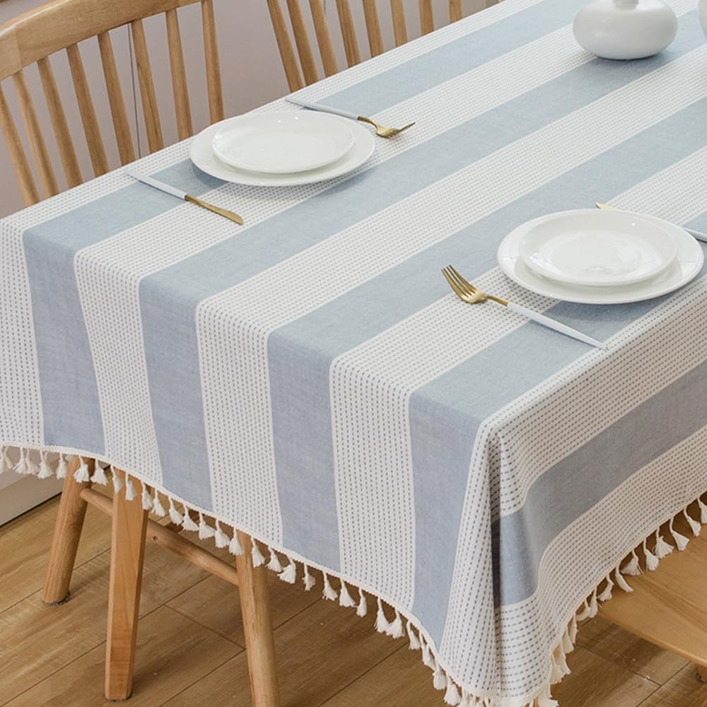 Premium Light Blue & White Striped Cotton Tablecloth - 55