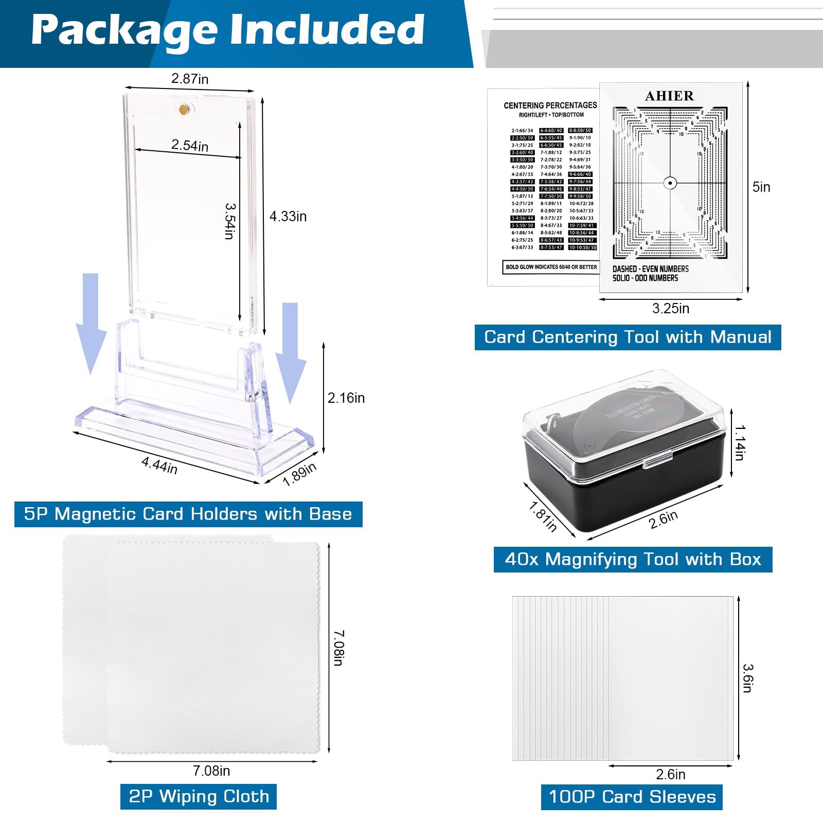 AHIER Professional Card Grading Kit - Includes Centering Tool, 40X Magnifier, 5 Magnetic Card Holders with Base, 100 Protective Sleeves & 2 Cleaning Cloths | Perfect for Collectors, TCG Players & Card Grading Enthusiasts