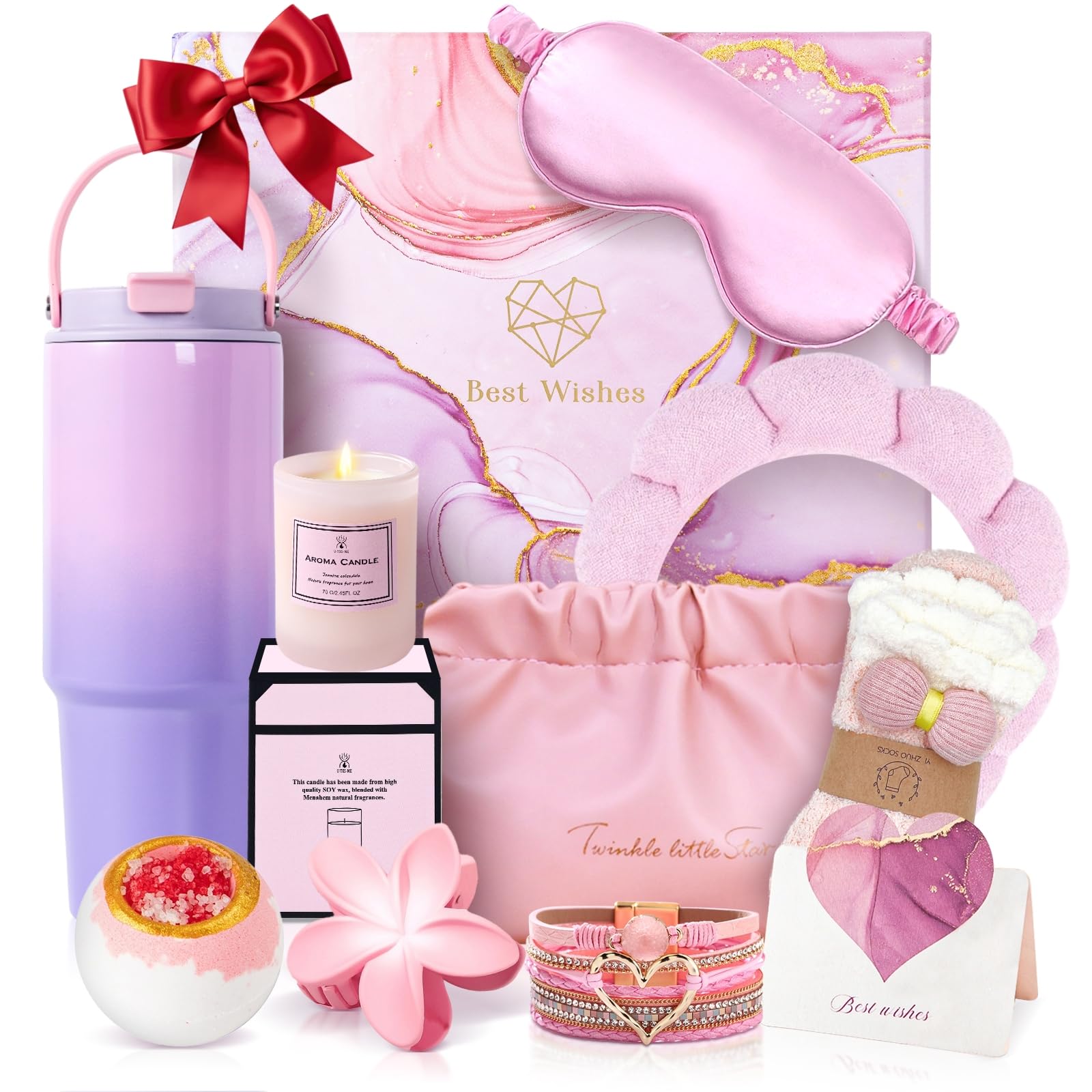 Luxury Self Care Gift Basket for Women - Birthday, Get Well Soon, Thank You Gift for Her, BFF, Girlfriend, Wife, Sister, Coworker - Includes Tumbler, Bracelet, Hair Clip, Headband, Socks & Eye Mask - Perfect for Spa Day, Relaxation & Thoughtful Surprises