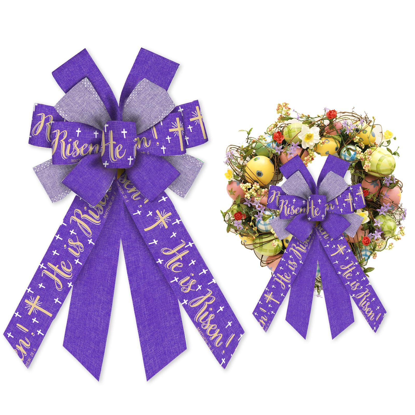 ALIBBON Large Easter Wreath Bows - Purple Religious Cross Burlap Decor for Spring & Christmas - Indoor/Outdoor Door Decor