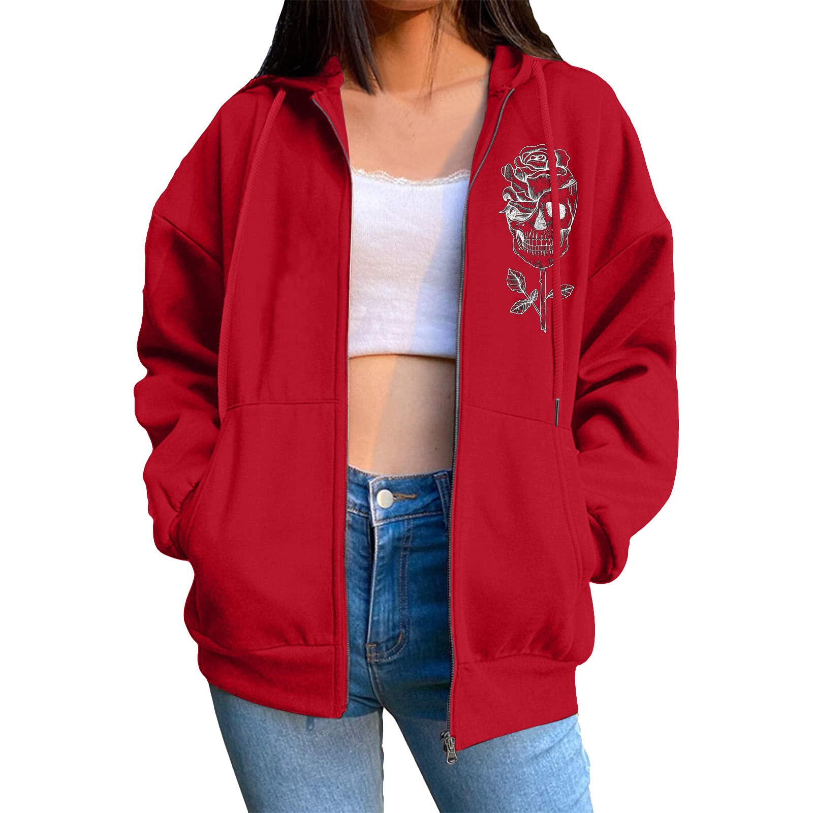 Gothic Print Zip Up Hoodie for Teen Girls & Women - Drawstring, Long Sleeve, Side Zip Pockets | Perfect for School, Streetwear & Casual Outfits