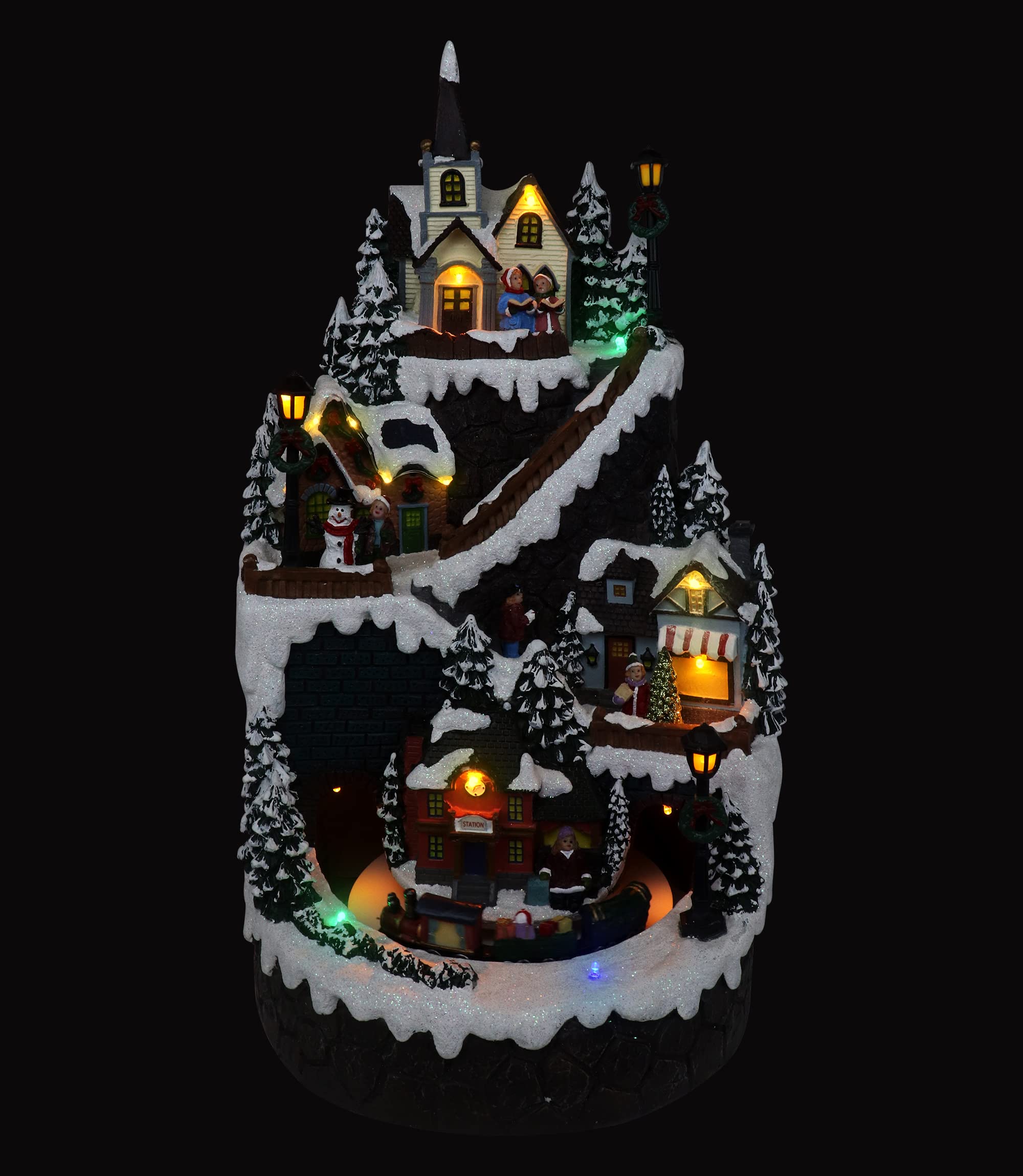 Christmas Village Mountain Houses with Moving Train - LED Lighted Musical Snow Village Collectible Set - Perfect for Holiday Home Decor, Christmas Tree Displays & Gift Giving - Ideal for Mantel Decorations, Winter Wonderland Displays & Family Gatherings