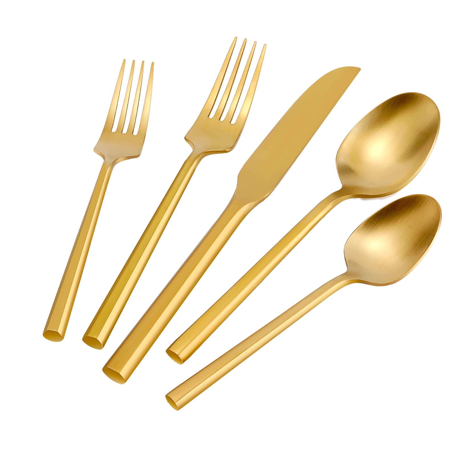Premium 40-Piece Matte Gold Flatware Set - Stainless Steel Cutlery with Brushed Brass Hexagon Handle - Dishwasher Safe Silverware for 8 - Perfect for Dinner Parties, Weddings & Upscale Dining