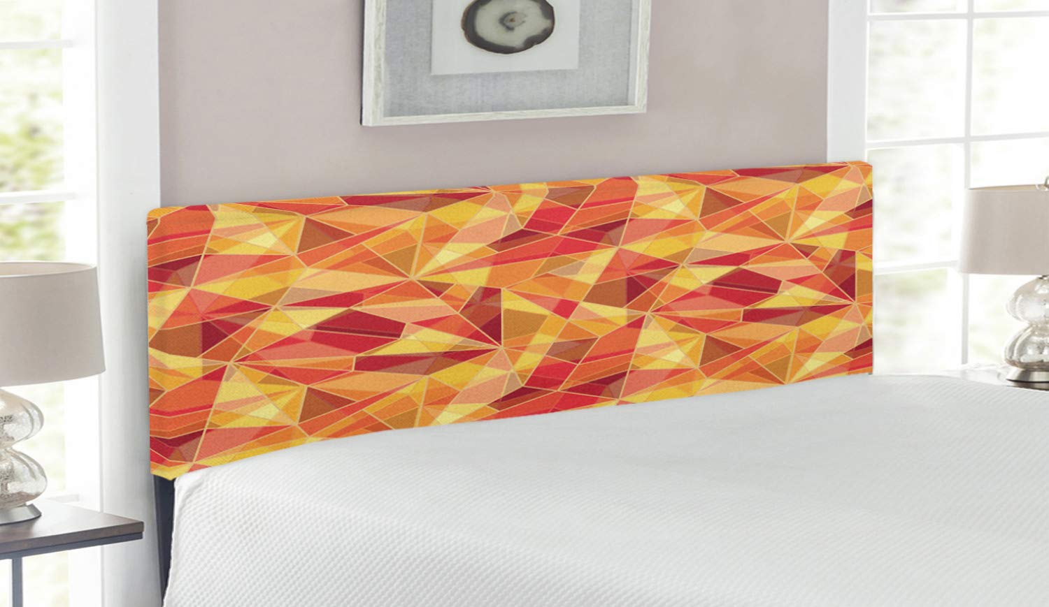 Ambesonne Abstract Upholstered Headboard - Queen Size Mosaic Fractal Triangle Geometric Design with Memory Foam | Orange Marigold Red Metal Bed Frame | Perfect for Modern Bedroom Decor & Guest Room Upgrade