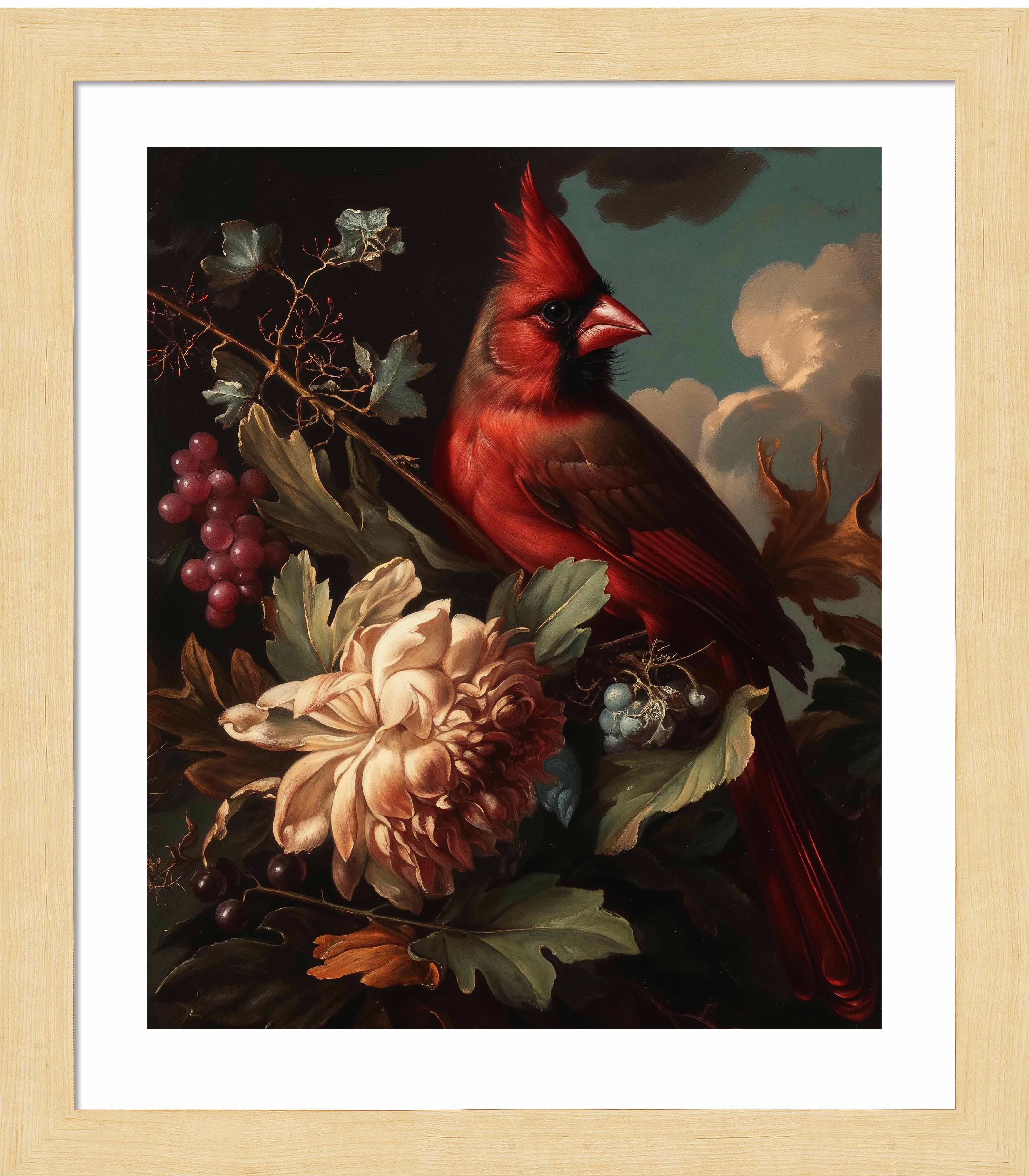 Cardinal Amongst Blooms Art Print - Vibrant Red Bird Wall Decor for Home, Office & Gifts | Nature-Inspired Painting for Living Room, Bedroom & Study